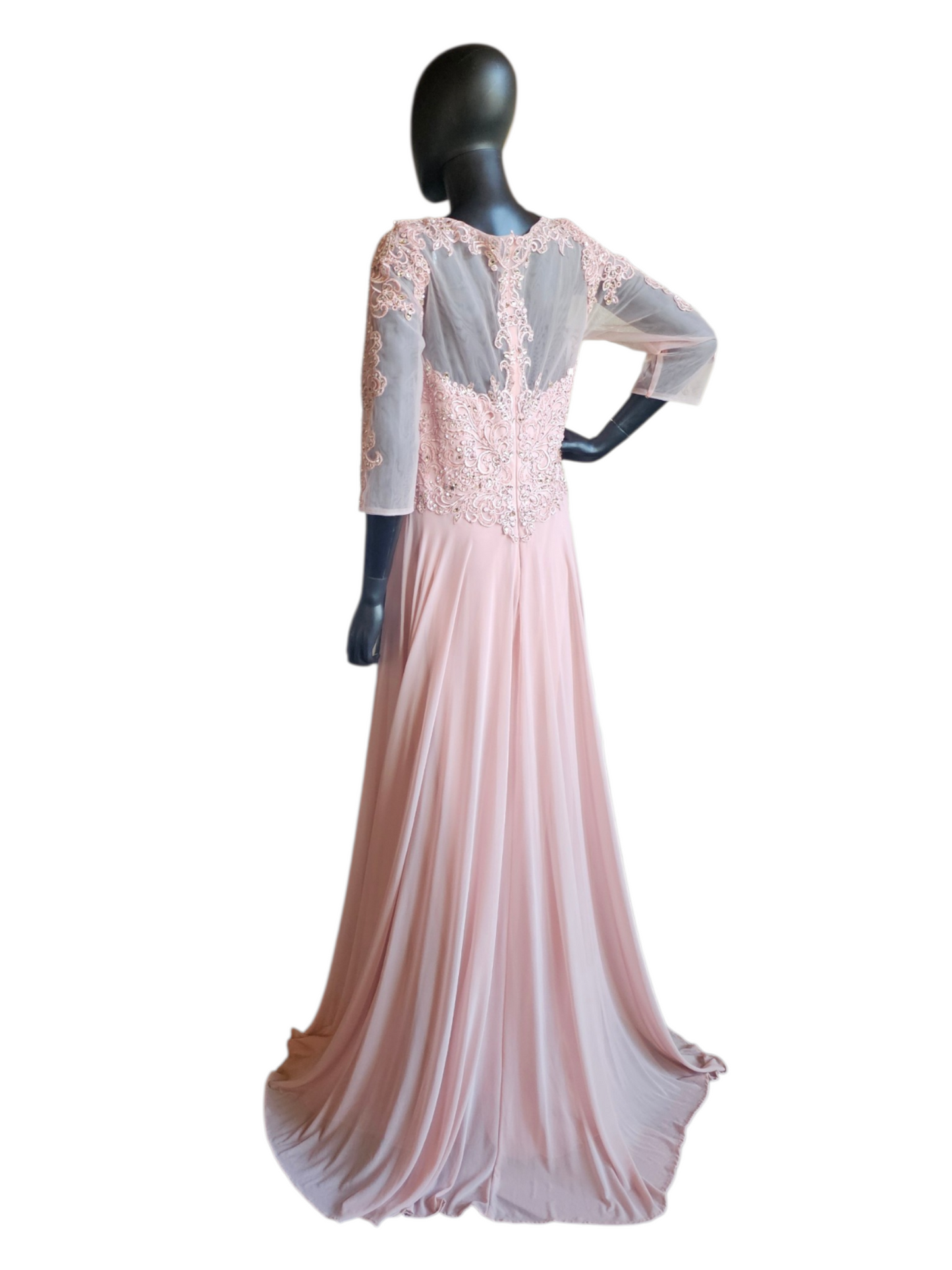 Rose  A-Line Long Sleeve Rhinestone Lace Chiffon Illusion Back Moms Dress  - MGNY