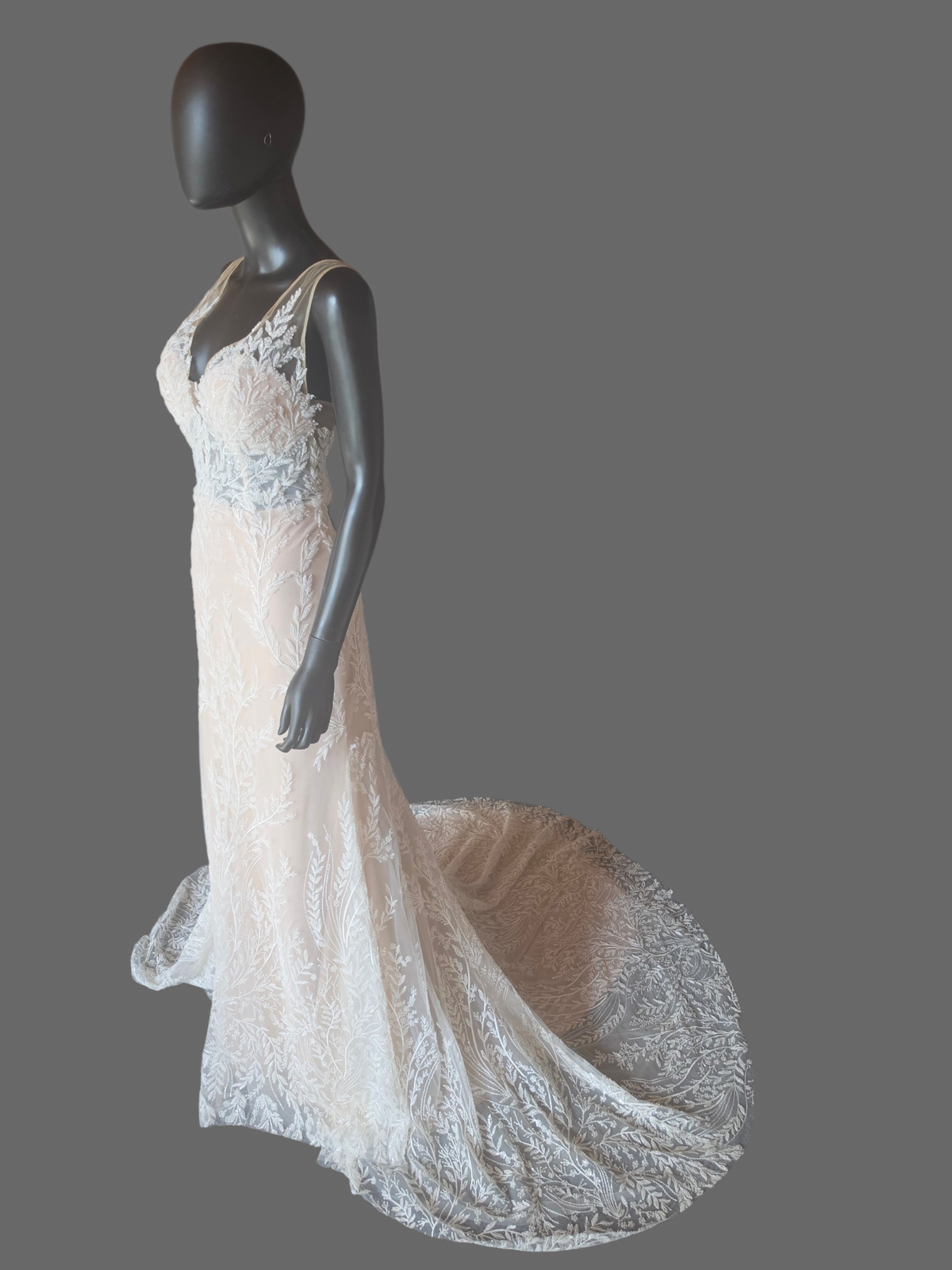 Nude/Ivory Beaded Floral V-Neck Illusion Bodice Fit/Flare Wedding Gown - Justin Alexander