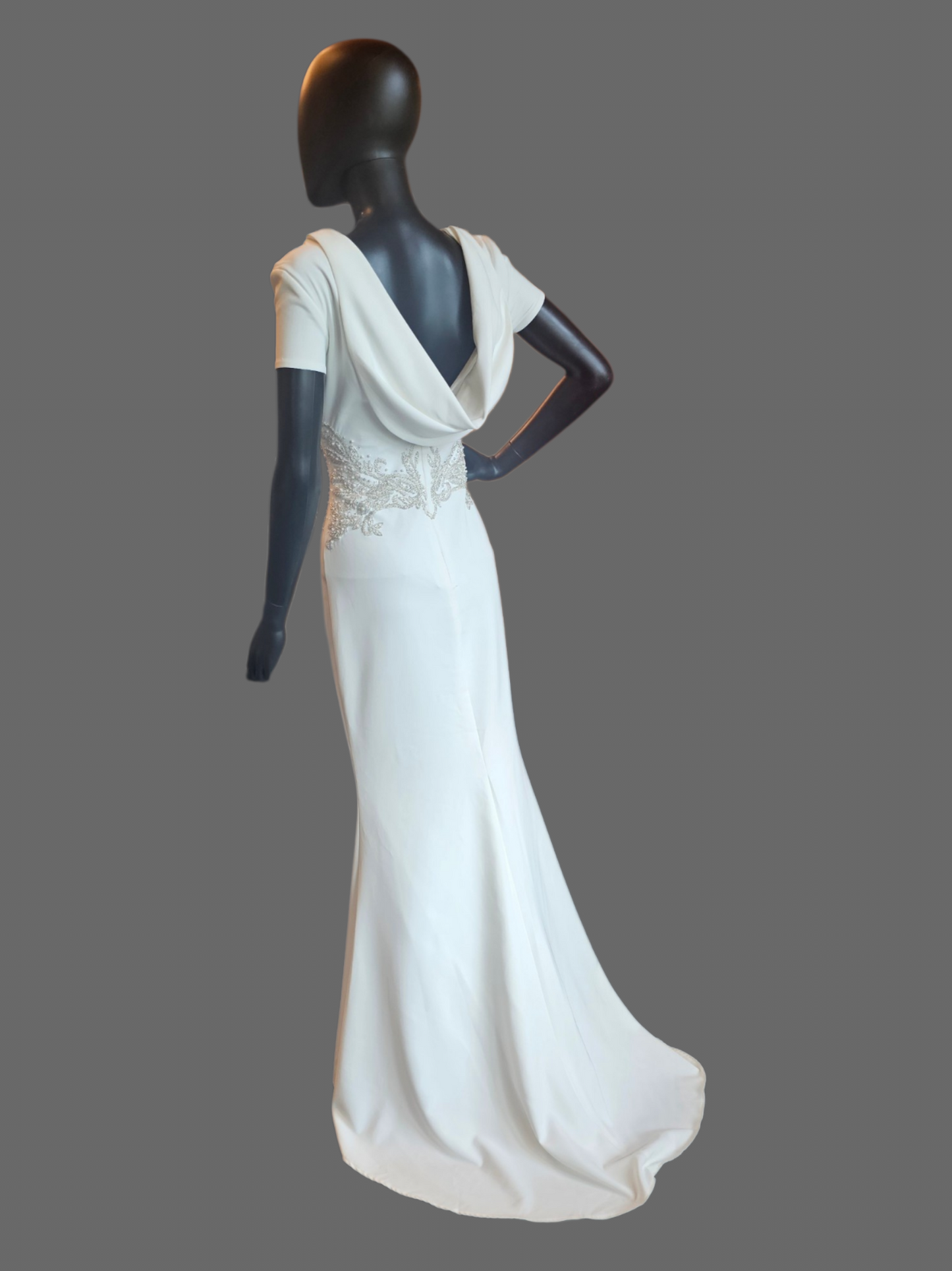 Ivory Wedding Gown Cap Sleeve Sheath Beaded With Peral Design Around The Dress Cowl Back  - Franssical