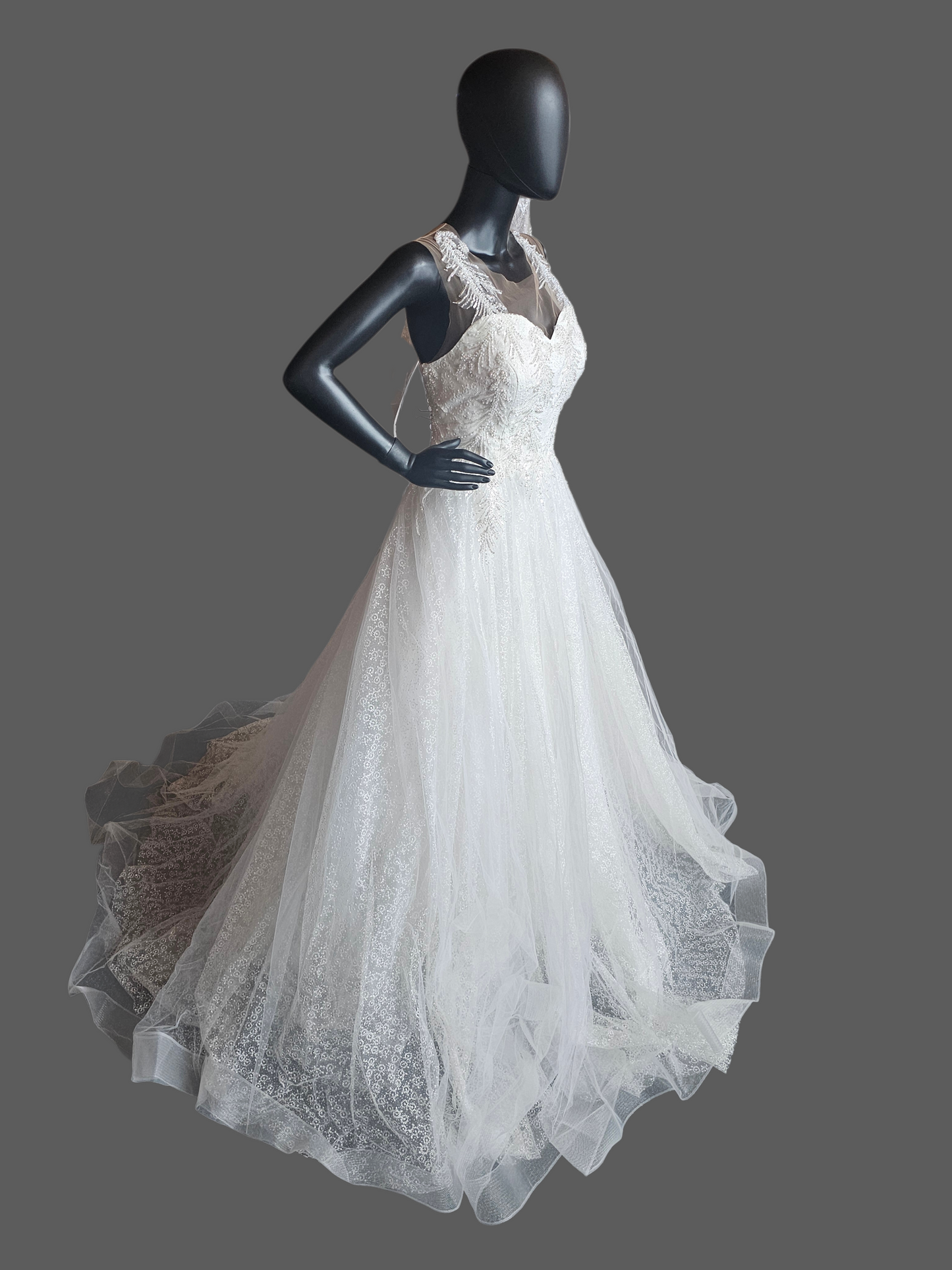 Ivory Illusion Sweetheart Sparkle Lace Underlay A-Line Wedding Gown - Di La Sena