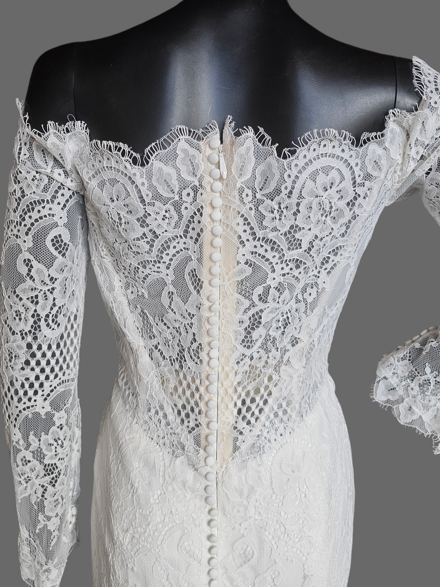 Off Shoulder Soft Ivory Lace Sleeve Fit/Flare Wedding Gown - Wtoo