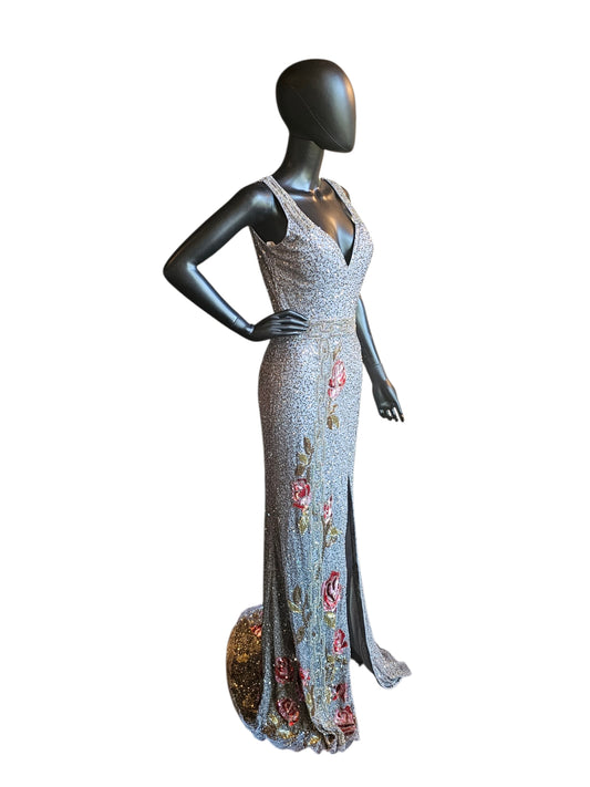 Pewter/Gold/Rose Fully Beaded V-Neck Fitted Maxi Formal/Gala/Prom Dress - Primavera