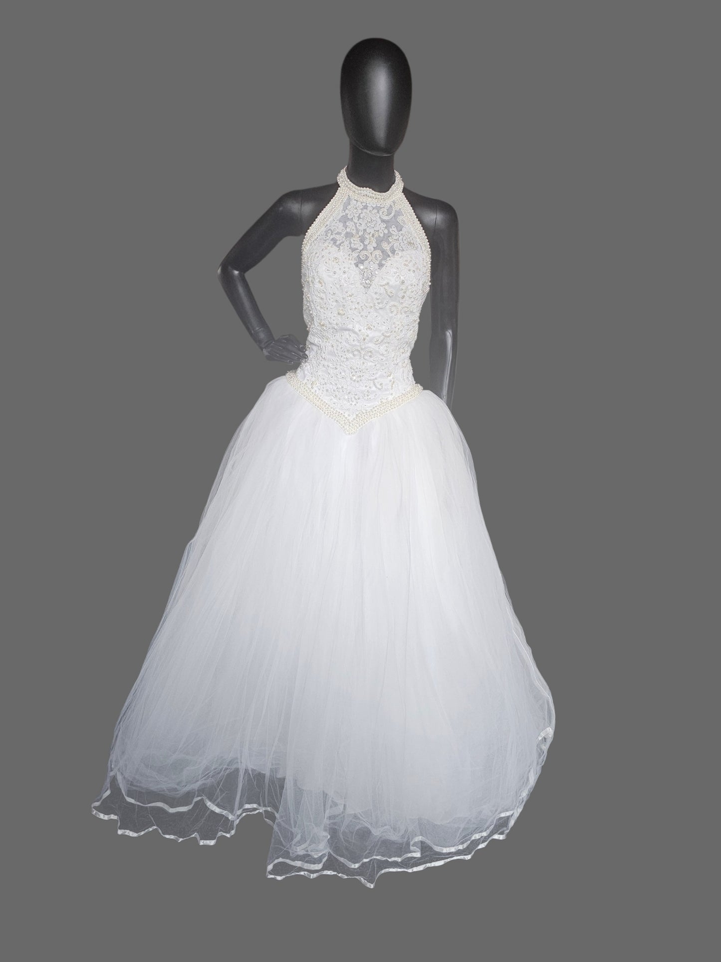 Vintage 90's Pearl Racer Halter Tulle Ballgown Wedding Dress  - Mori Lee