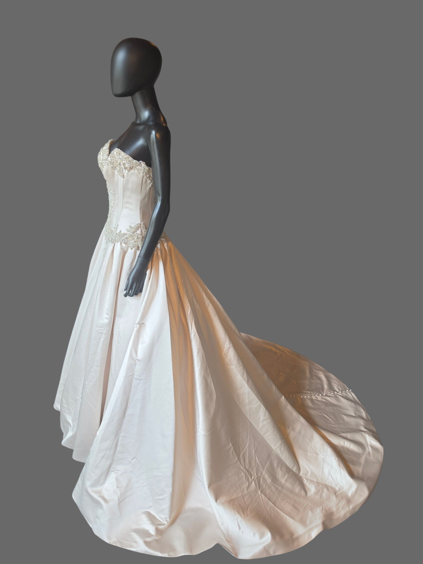 Café/Silver Satin Beaded Basque Waist Sweetheart Wedding Gown - Allure
