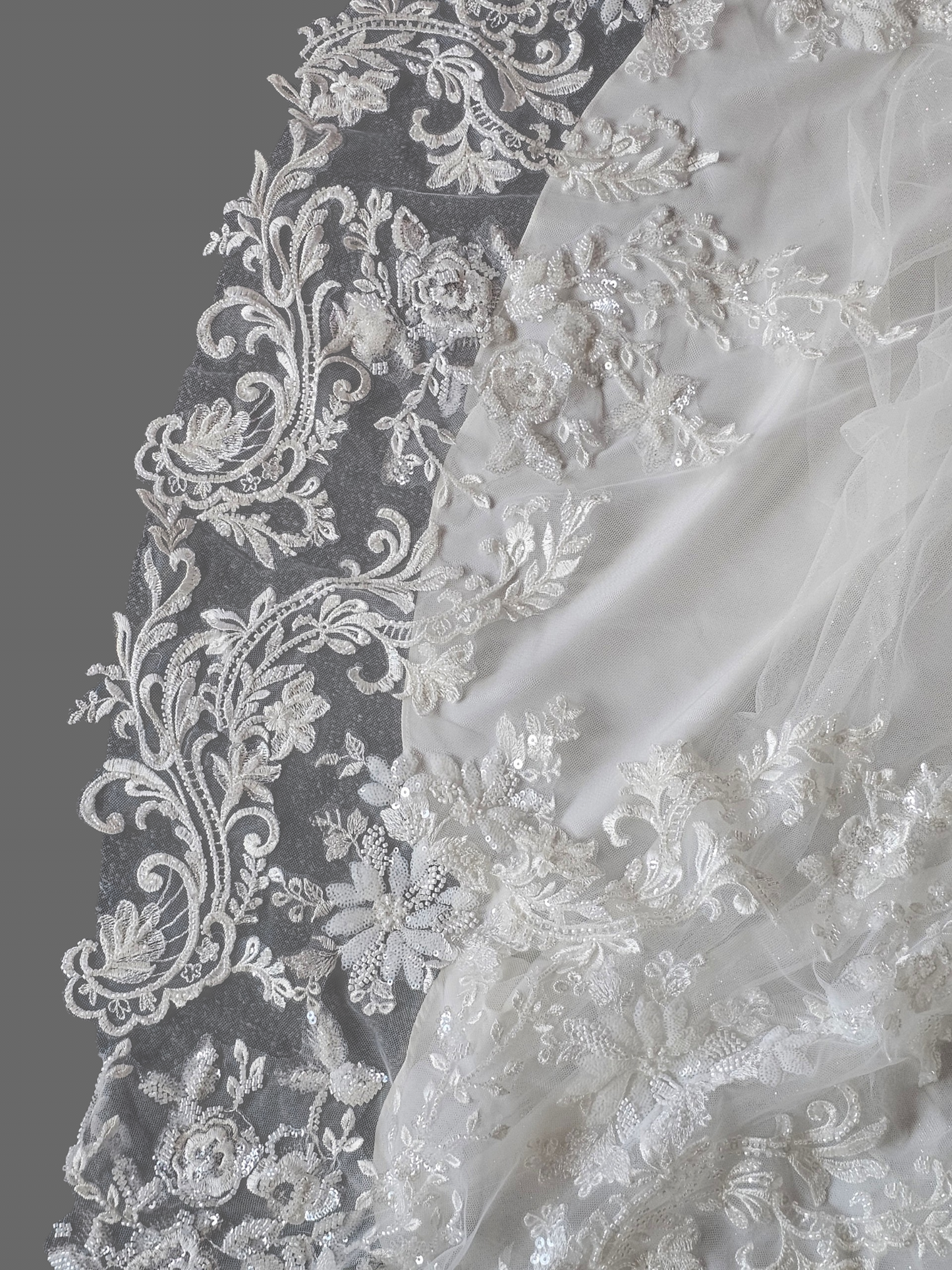 Ivory Overlay Floral Beaded Glitter Fit/Flare Wedding Gown - Davinci