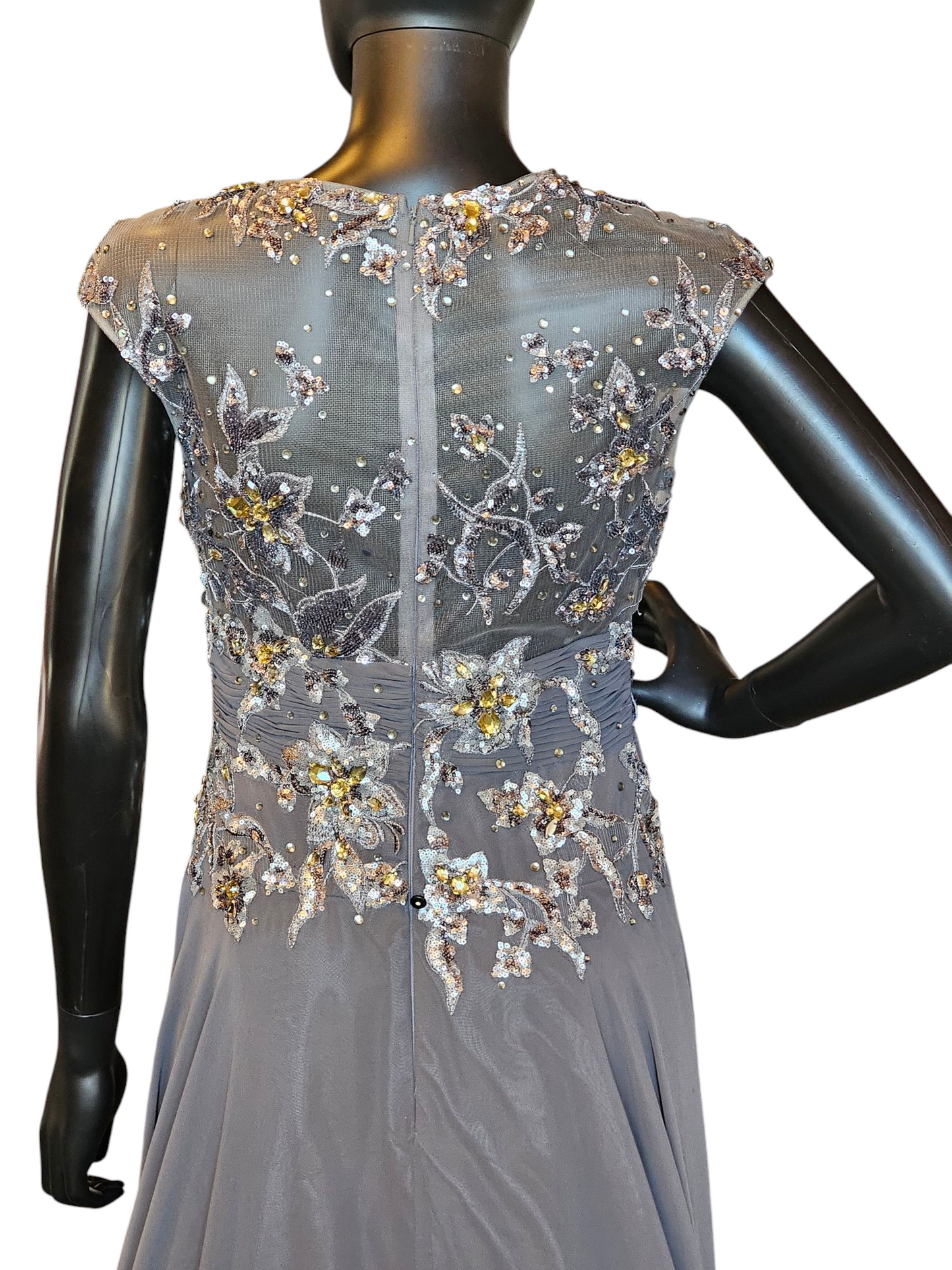 Grey Chiffon Gold Jewel Formal Dress - Vienna