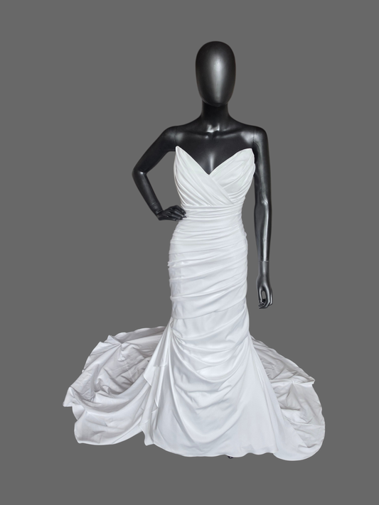 White Jersey Ruched Fitted Sweetheart Strapless Wedding Gown- Maggie Sottero