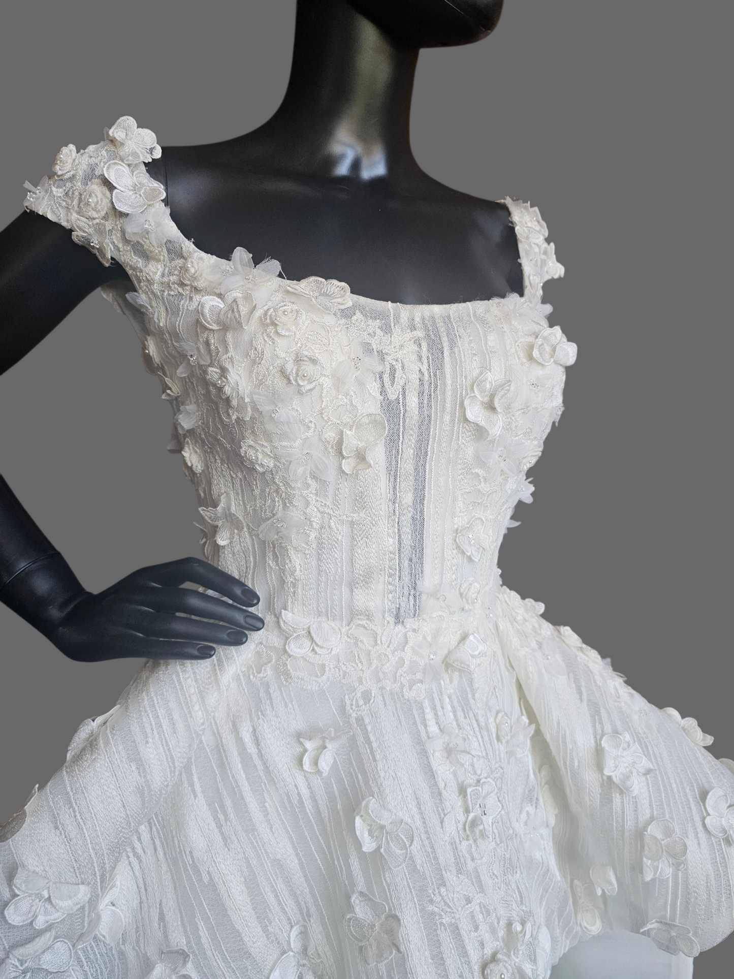 Ivory Structured Wedding Gown 3D Floral Peplum With A Square Neckline And Cap Sleeves - Madison James