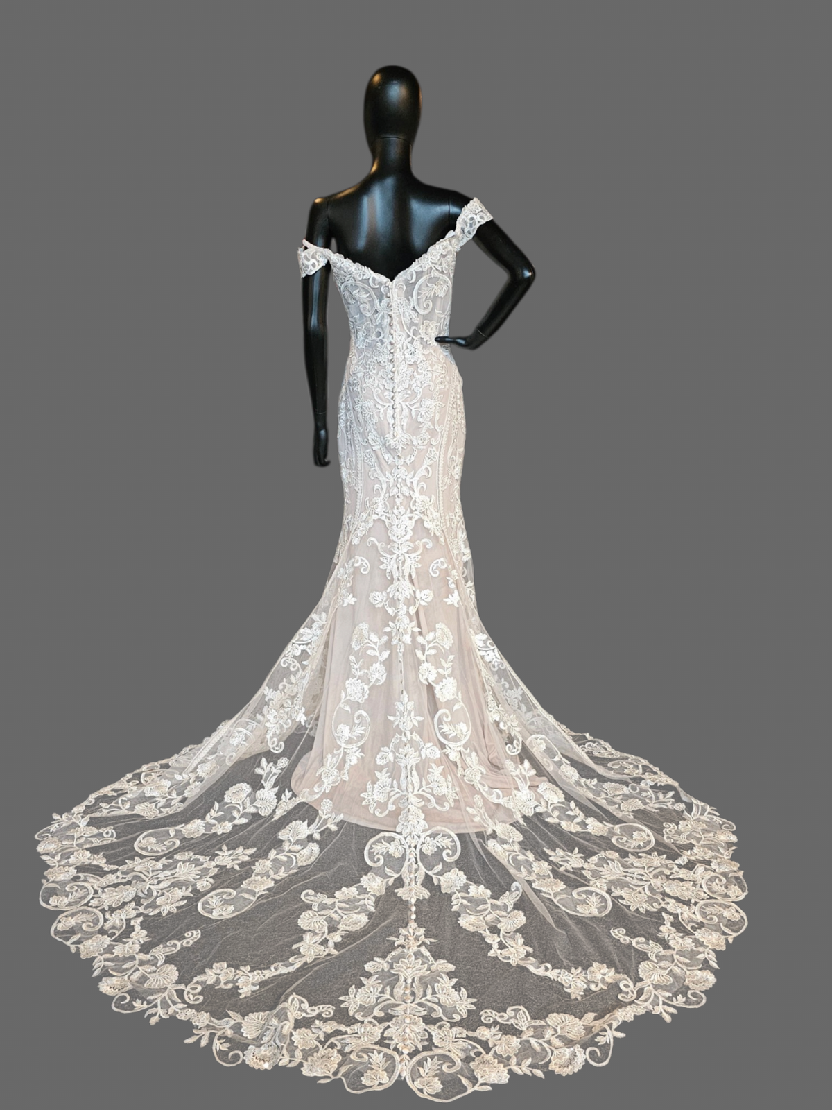 Nude/Ivory Lace Deco Off Shoulder Fitted Wedding Gown - Allure