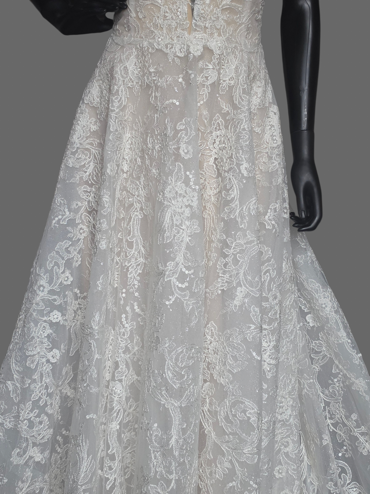 Ivory/Nude 3-Look Lace Plunge Sparkle A-Line Wedding Gown W/Detatch Sleeve - Martin Thornburg