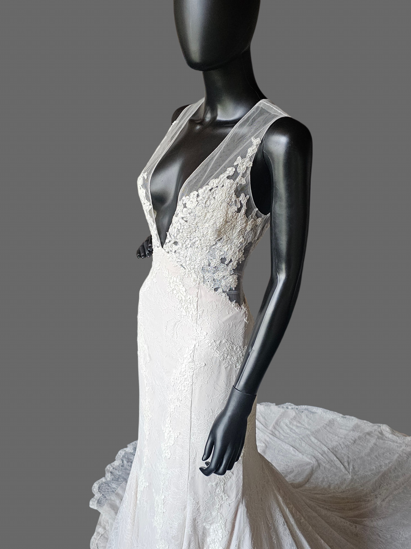 Ivory Illusion Plunge Thick Strap Floral Lace Fit/Flare Wedding Gown - Alyne