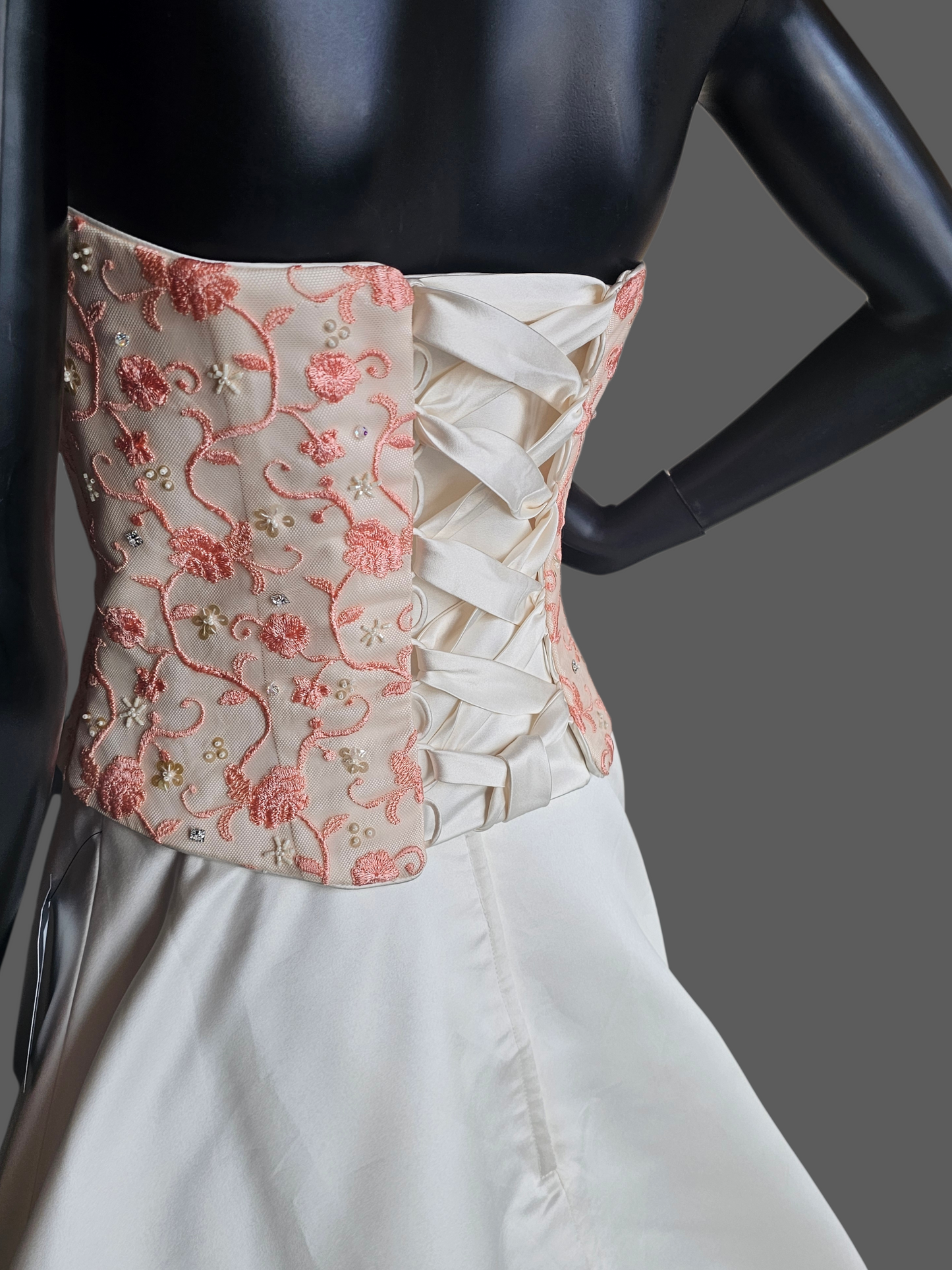 Ivory/Coral Pink Embroidered Strapless 2-Piece Wedding Gown