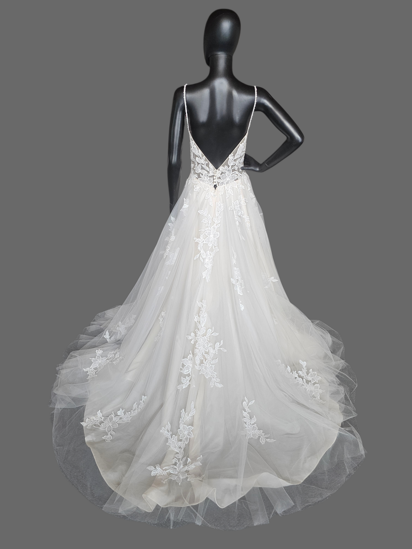 Ivory/Blush Floral Embroidered Plunge A-Line Wedding Gown - Casablanca Beloved