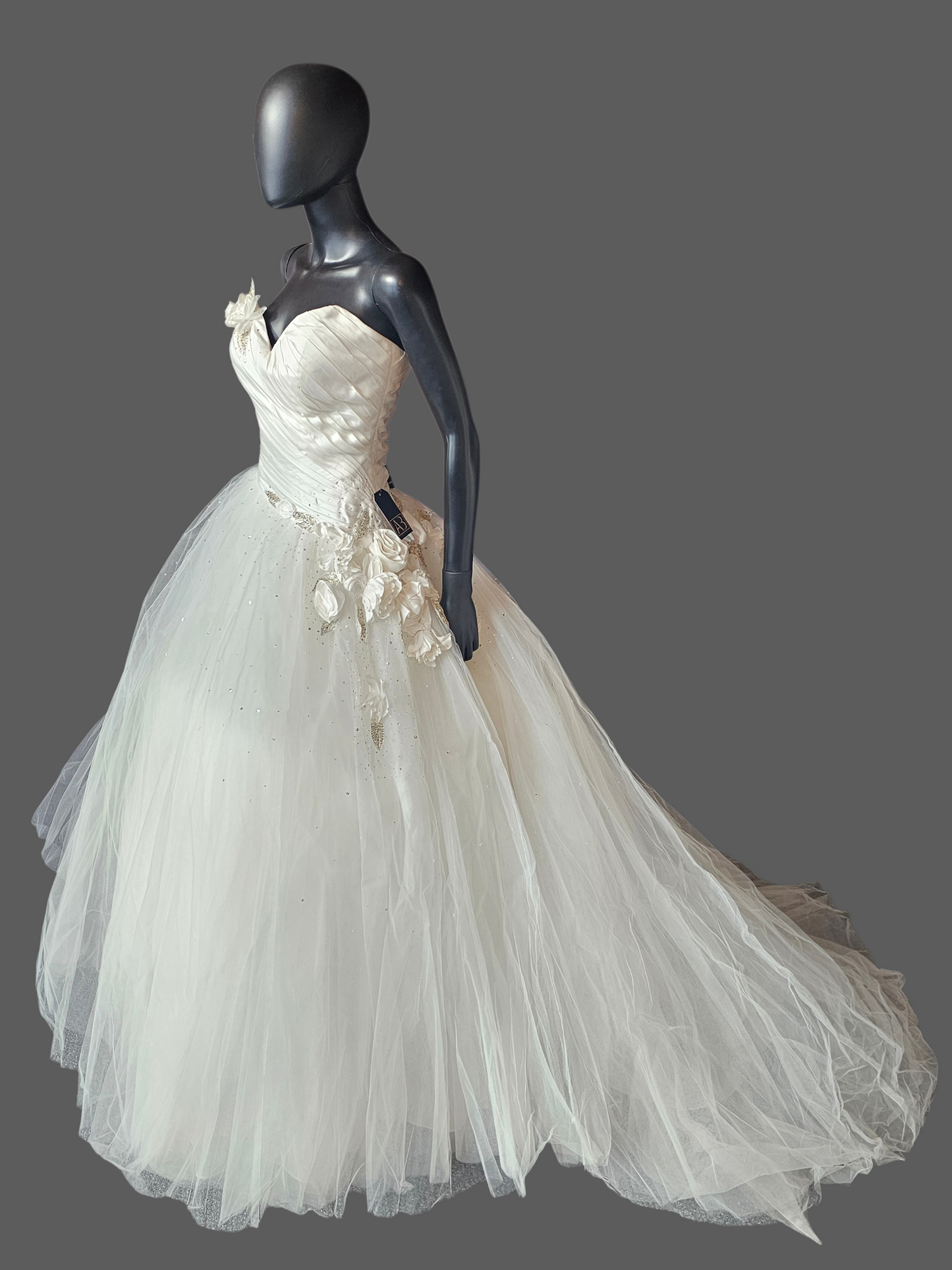 White Asymmetrical Floral Accent Wedding Ballgown - Bill Levkoff