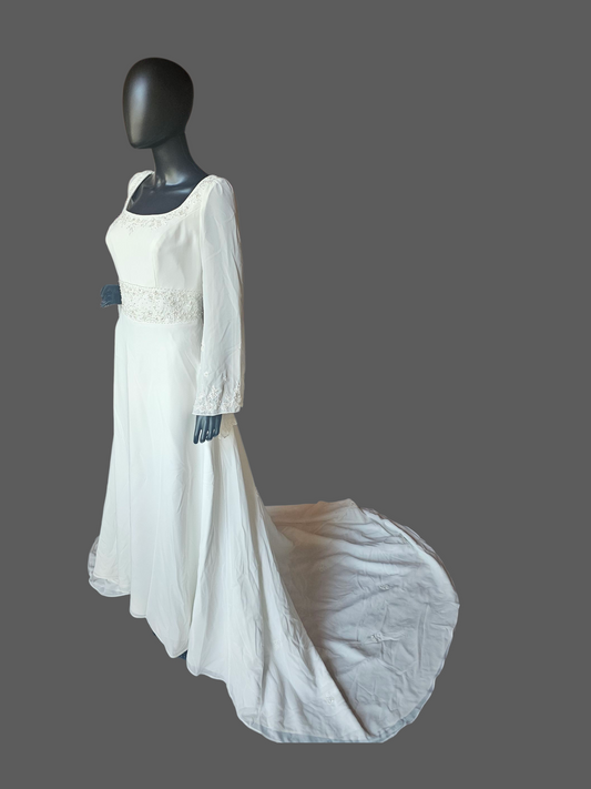 Vintage Ivory Chiffon Empire Waist Scoop Neck Renaissance Sleeve Wedding Dress - Mori Lee