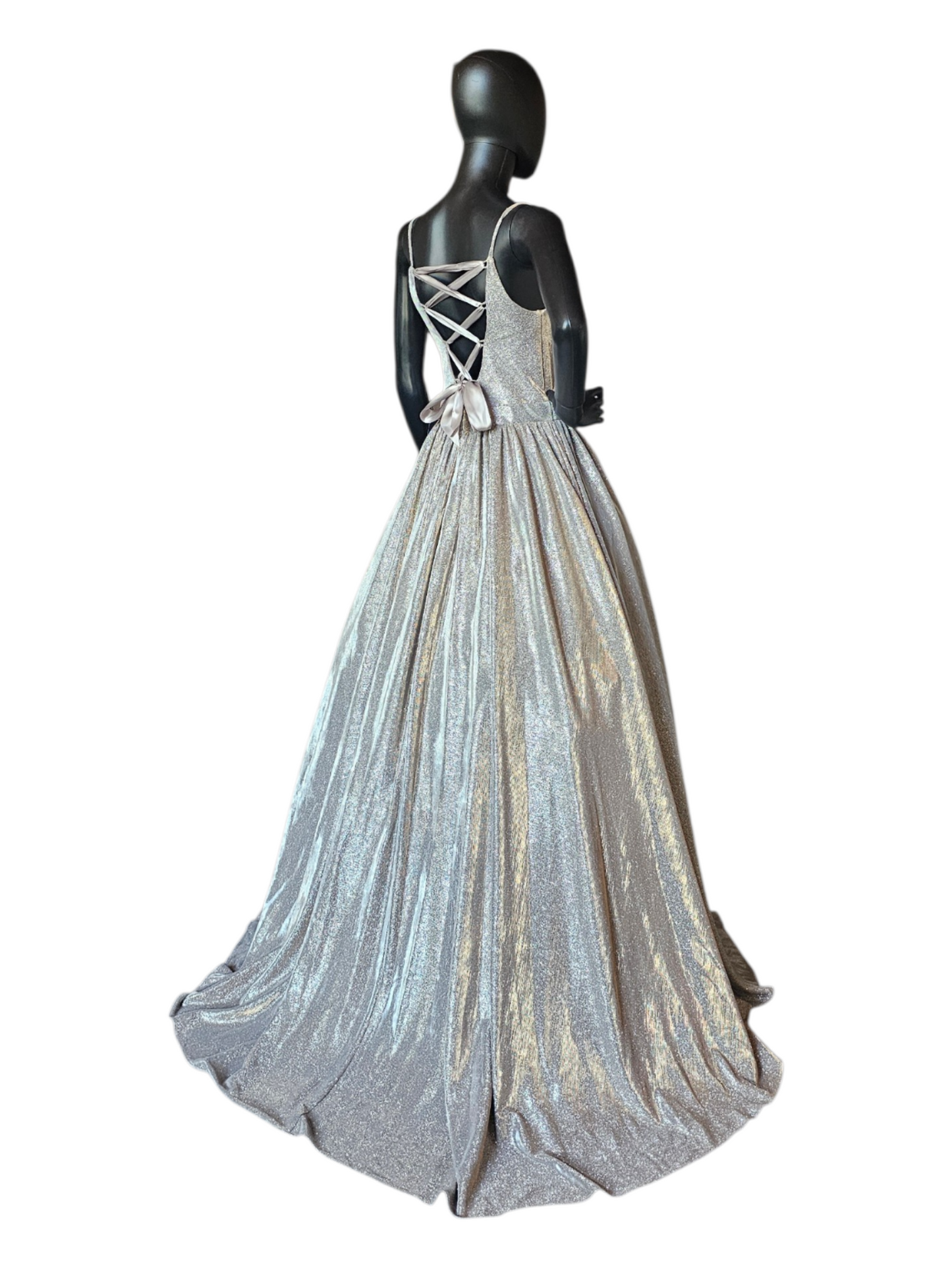 Silver Sparkle Open Back With Sew Up Detail Gathered A-Line Scoop Neck Formal/Prom Dress- Jovani