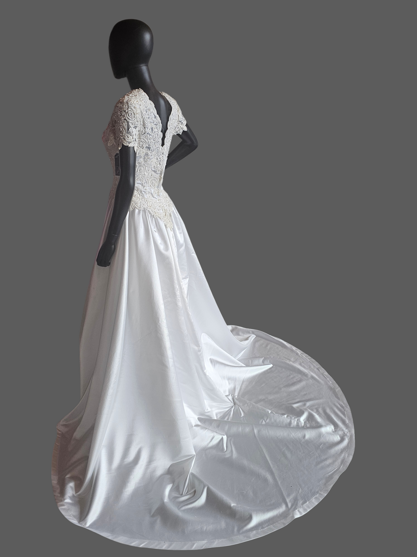 Vintage White Satin Embroidered Cap Sleeve Wedding Gown - Modest