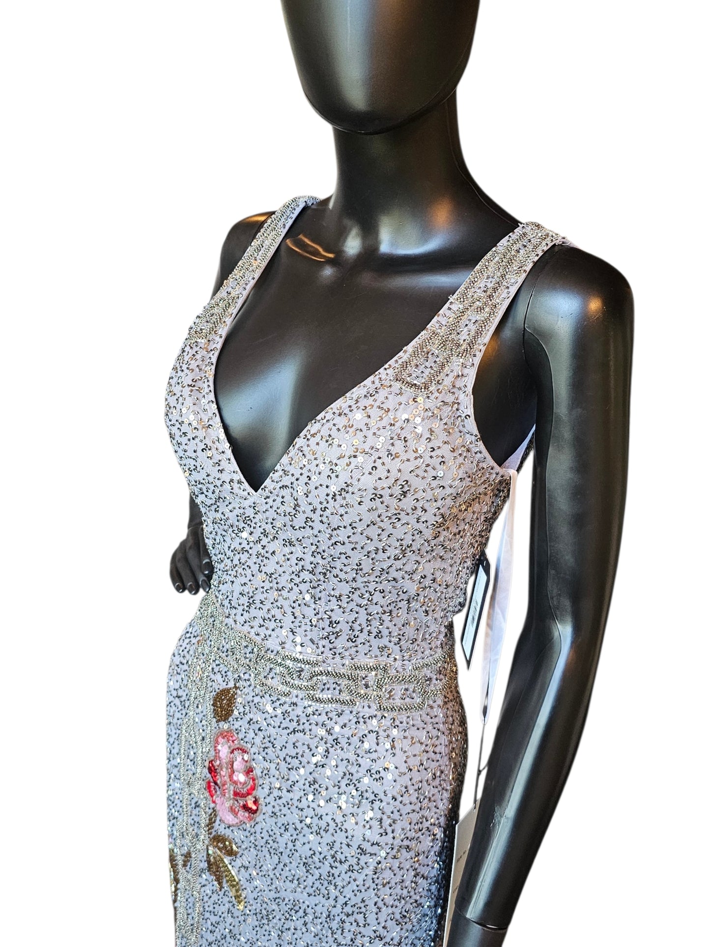 Pewter/Gold/Rose Fully Beaded V-Neck Fitted Maxi Formal/Gala/Prom Dress - Primavera