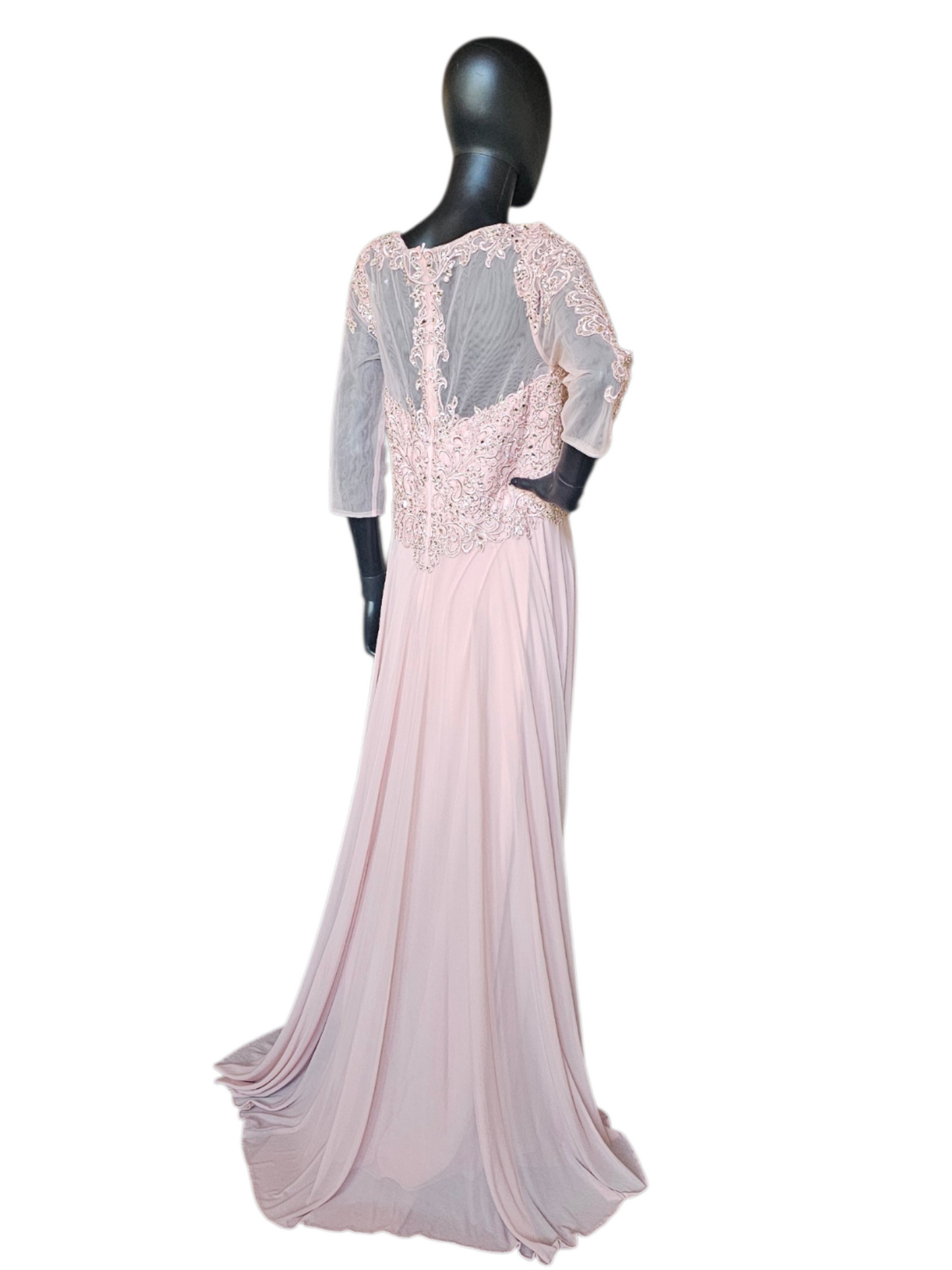 Rose  A-Line Long Sleeve Rhinestone Lace Chiffon Illusion Back Moms Dress  - MGNY