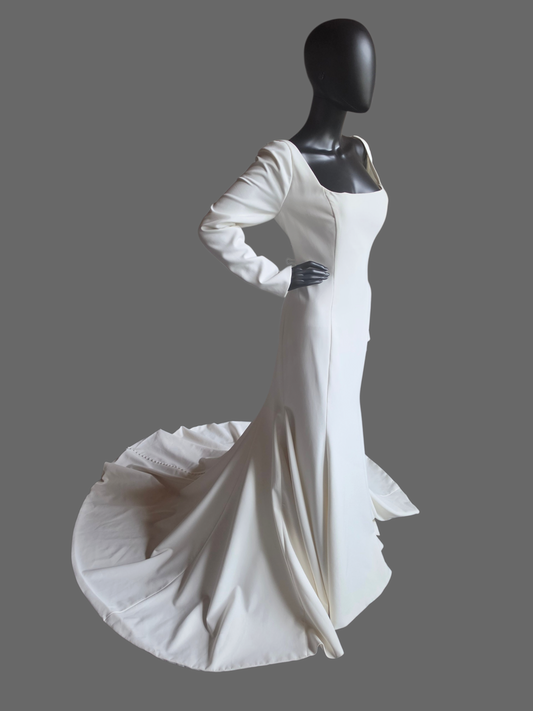 Long Sleeve Scoop Neckline Fitted Crepe Illusion Back Wedding Gown - Justin Alexander