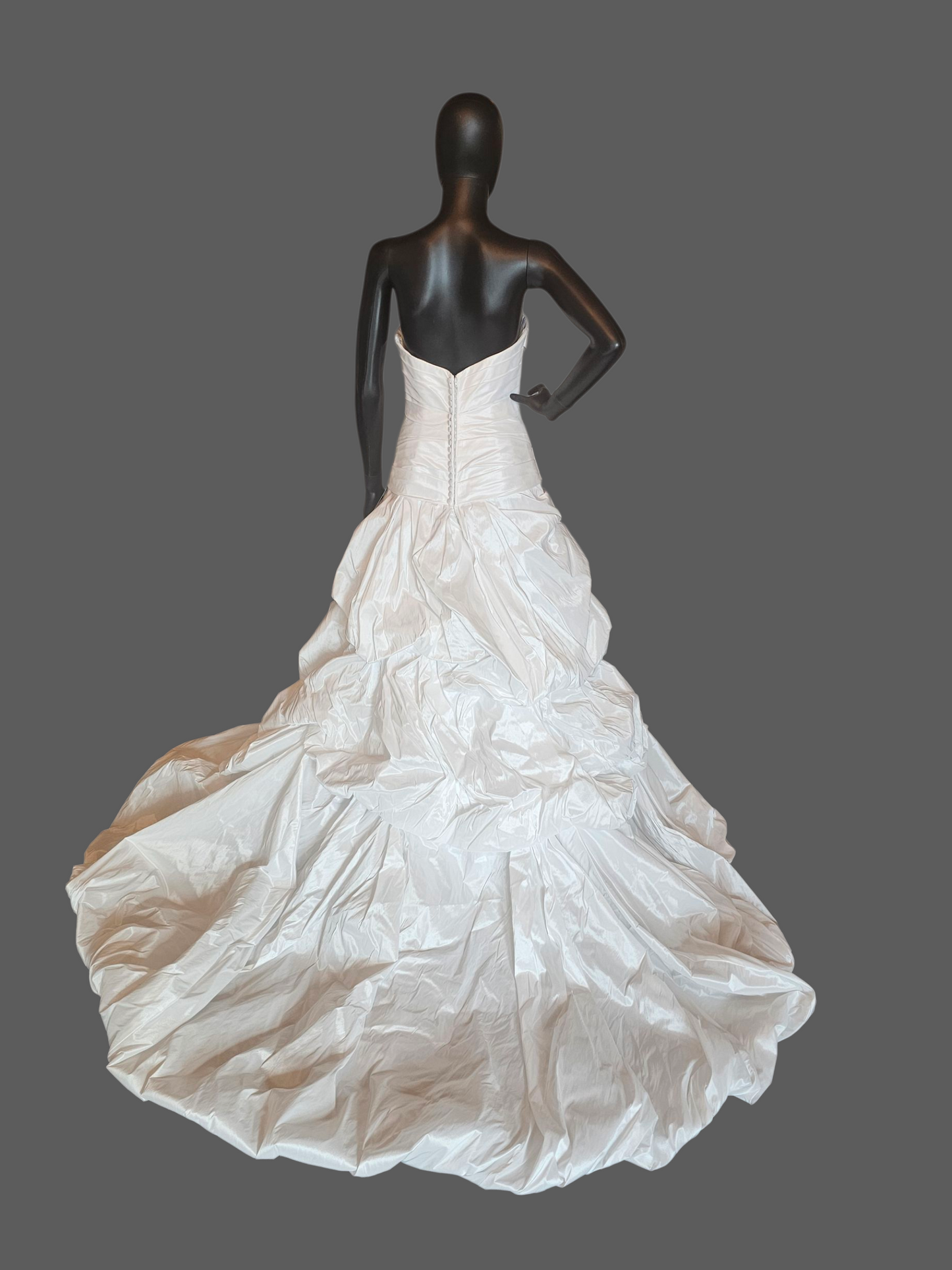 White Shimmering Taffeta Dropped Waist Ruched Undertuck Cupcake Wedding Gown - Casablanca