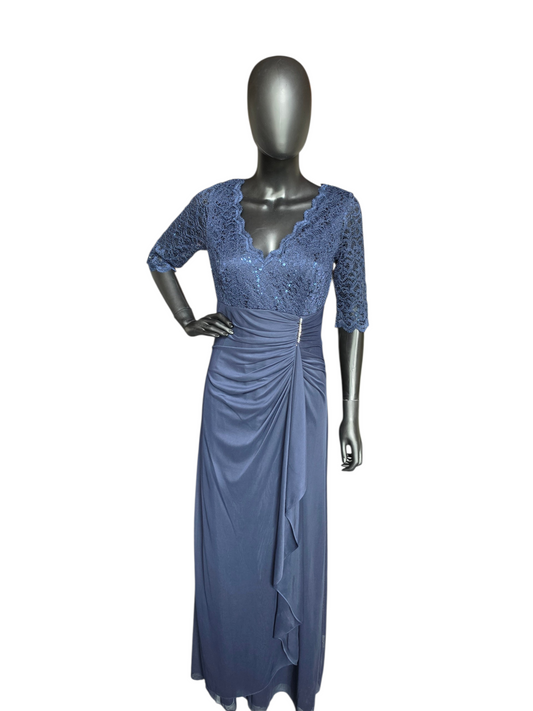Navy Lace 3/4 Sleeve Crepe Fit/Flare Side Roush V-Neck Formal/ Moms Dress- Betsy + Adam