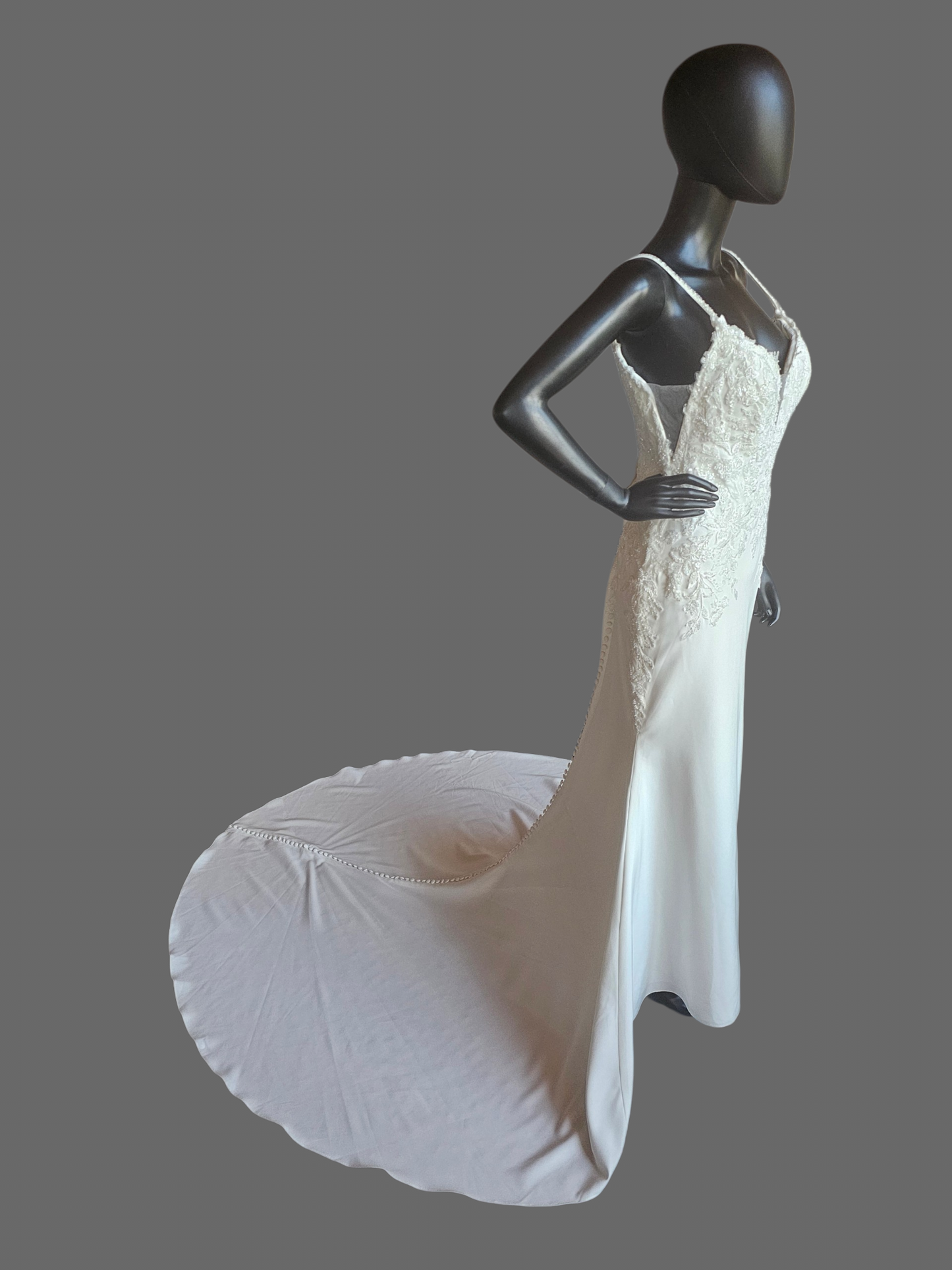 Ivory Crepe Plunge Beaded Fit/Flare Spaghetti Strap Wedding Gown - Maggie Sottero