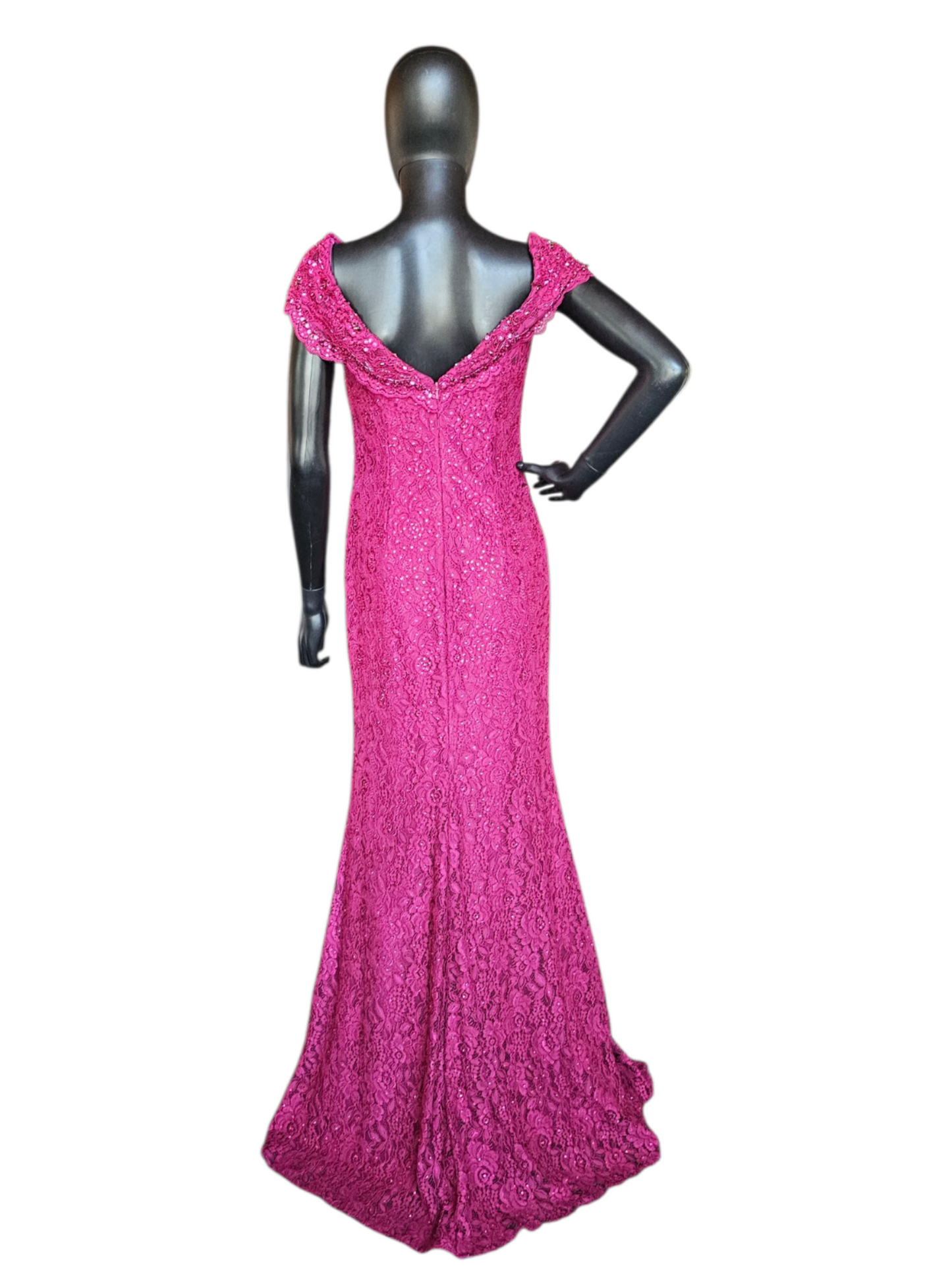 Magenta Rhinestone Lace Cap Sleeve Fit/Flare Portrait Formal/Moms Dress - Jovani