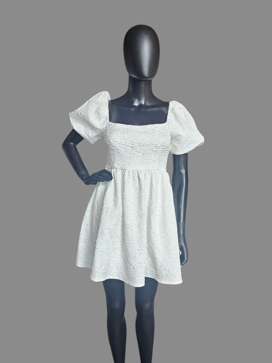White Crushed Puff Sleeve Babydoll - She+Sky