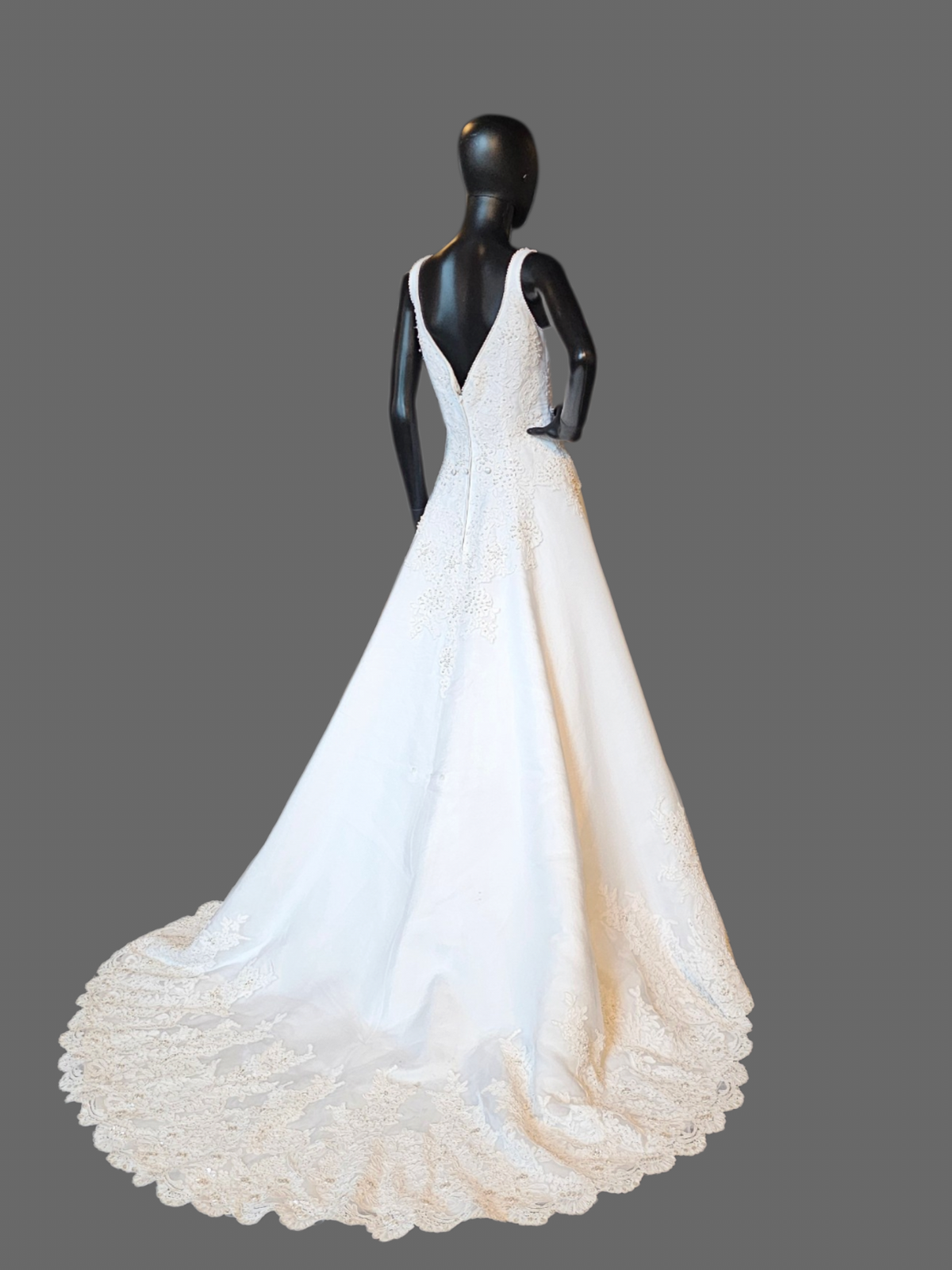 White V-Neck Lace Applique Organza Wedding Gown - Oleg Cassini