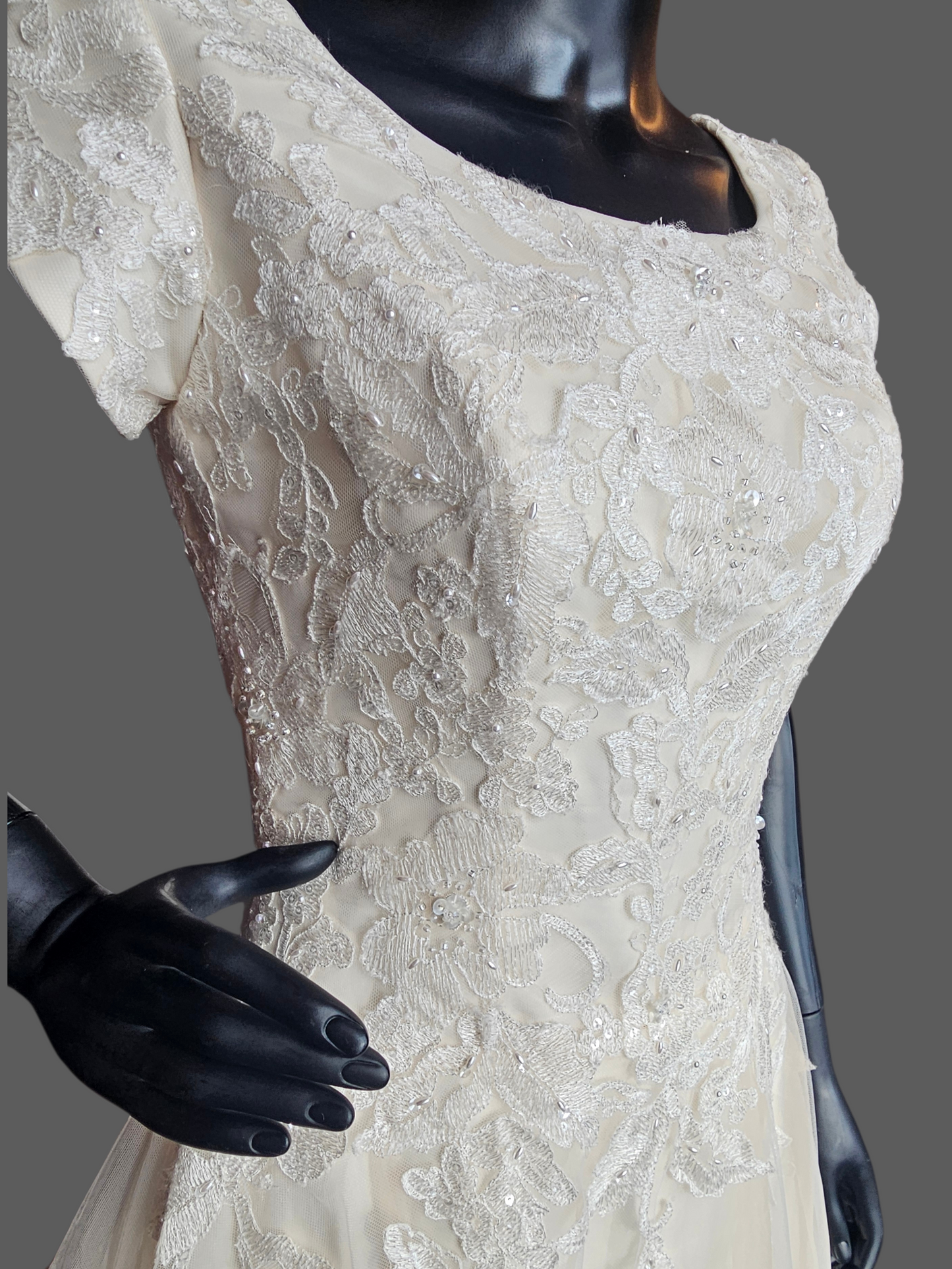 Champagne A-Line Cap Sleeve Floral Embroidered Wedding Gown - Bliss