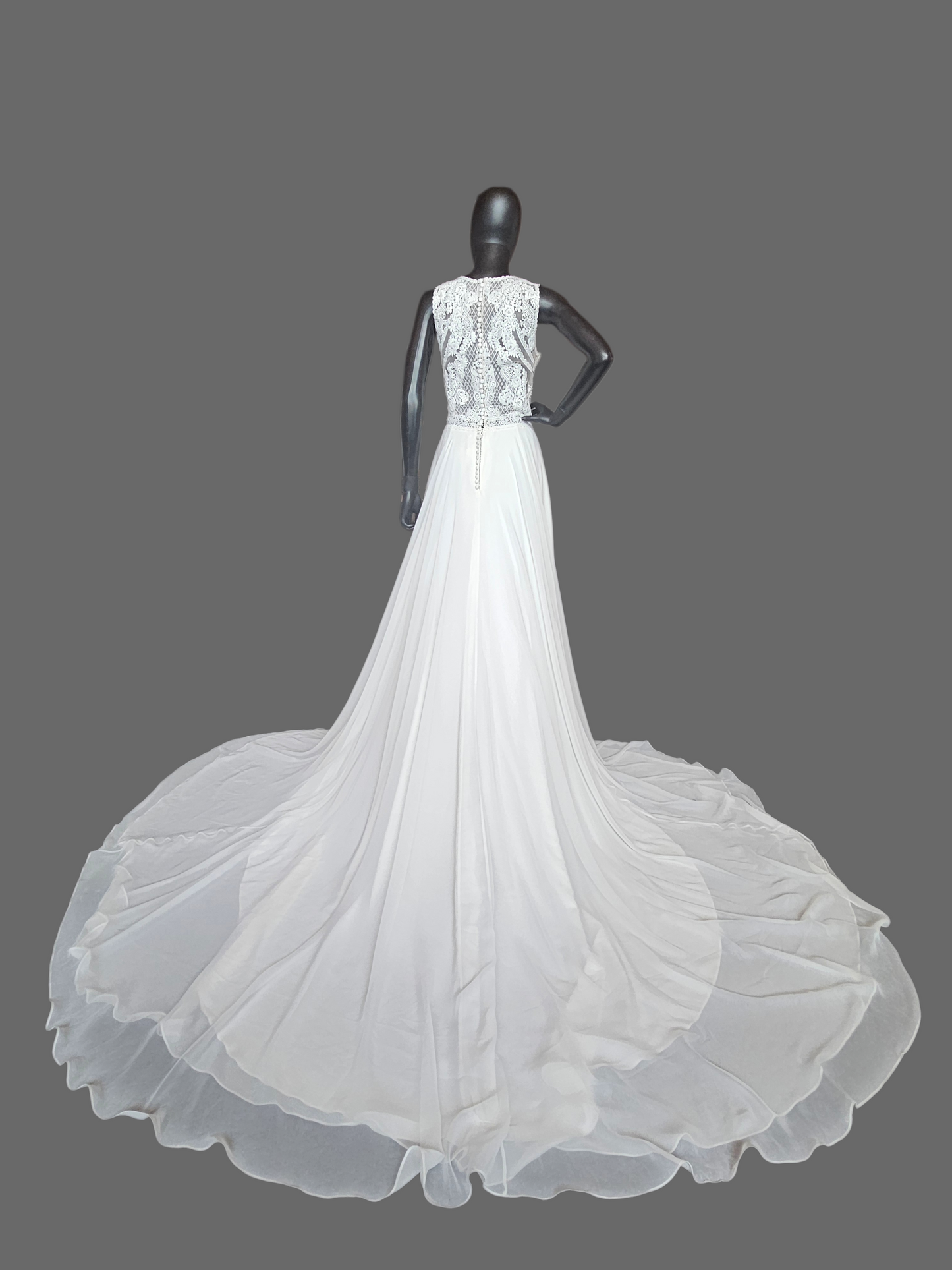 Ivory/Nude High Neck Lace Chiffon Skirt Wedding Gown - Justin Alexander