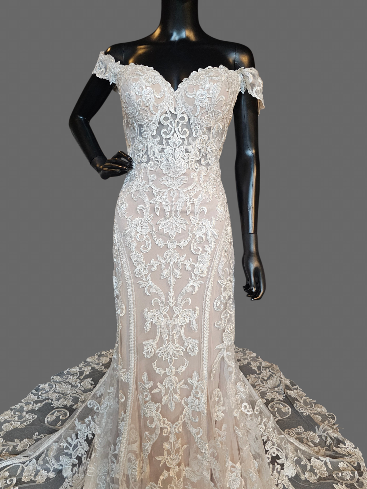 Nude/Ivory Lace Deco Off Shoulder Fitted Wedding Gown - Allure