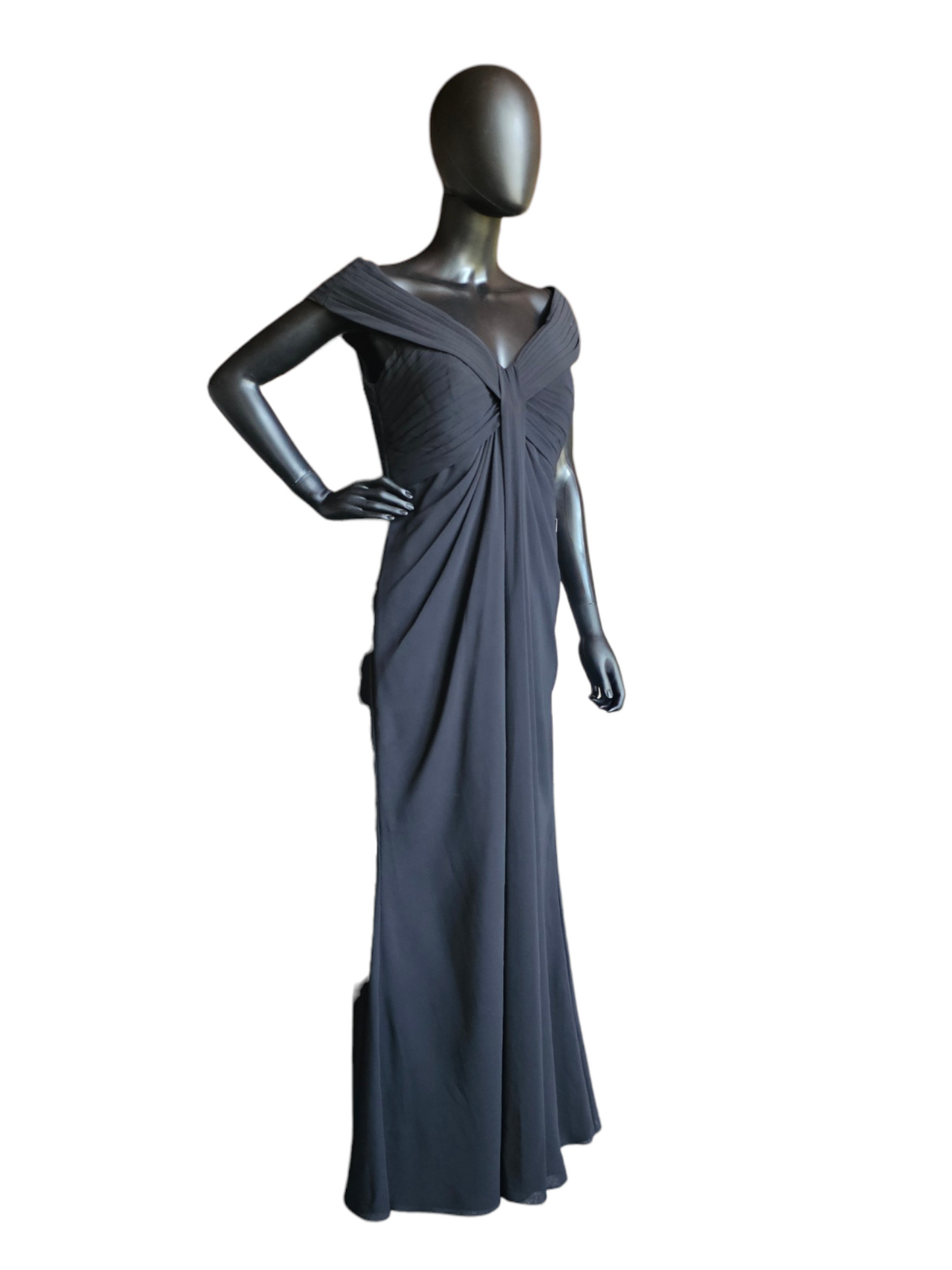 Black Chiffon Off Shoulder Ruched Simple Formal/Bridesmaid/Moms Dress  - Bari Jay