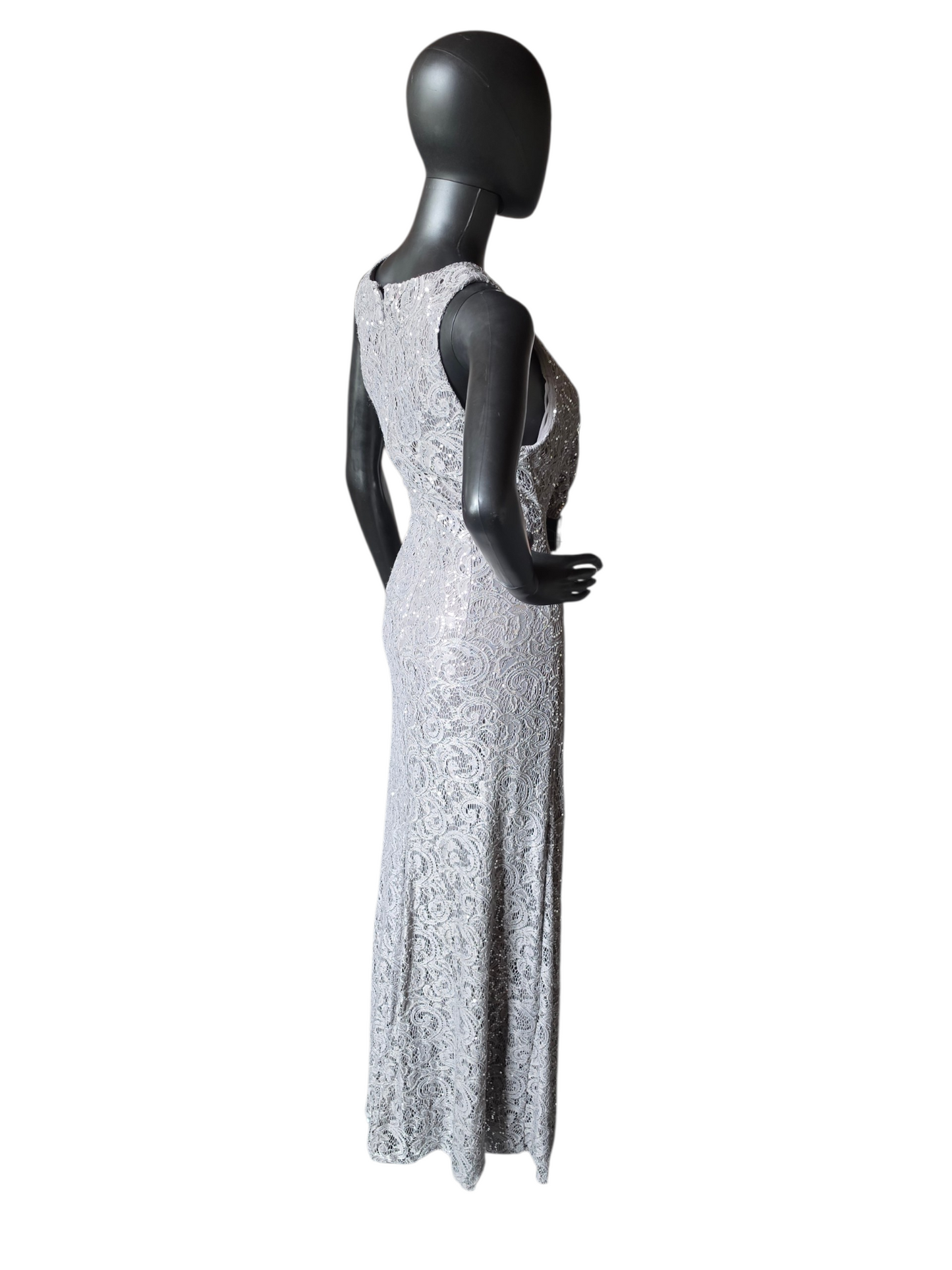 Pewter Sparkle Fit/Flare High Scoop Stretch Lace Side Ruched Slit Moms/Formal Dress - Alex Evenings