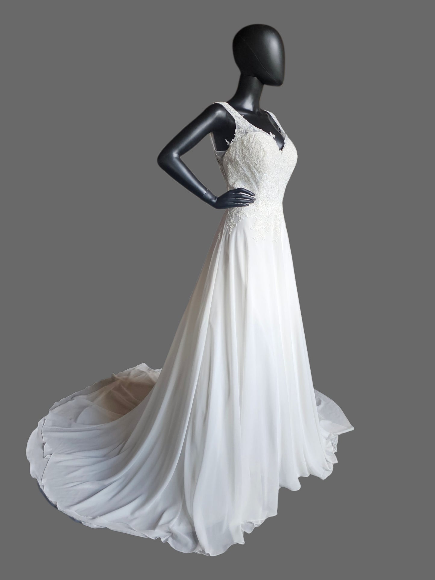 White Chiffon A-Line Lace V-Neck  Applica Illusion Back Wedding Gown - Davinci