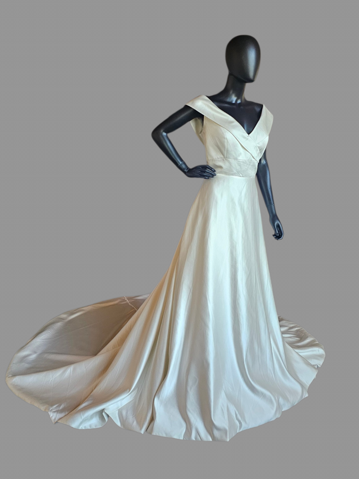 Ivory Silky Satin Simple Off Shoulder Cross V-Neck Open Back Wedding Gown - Mori Lee