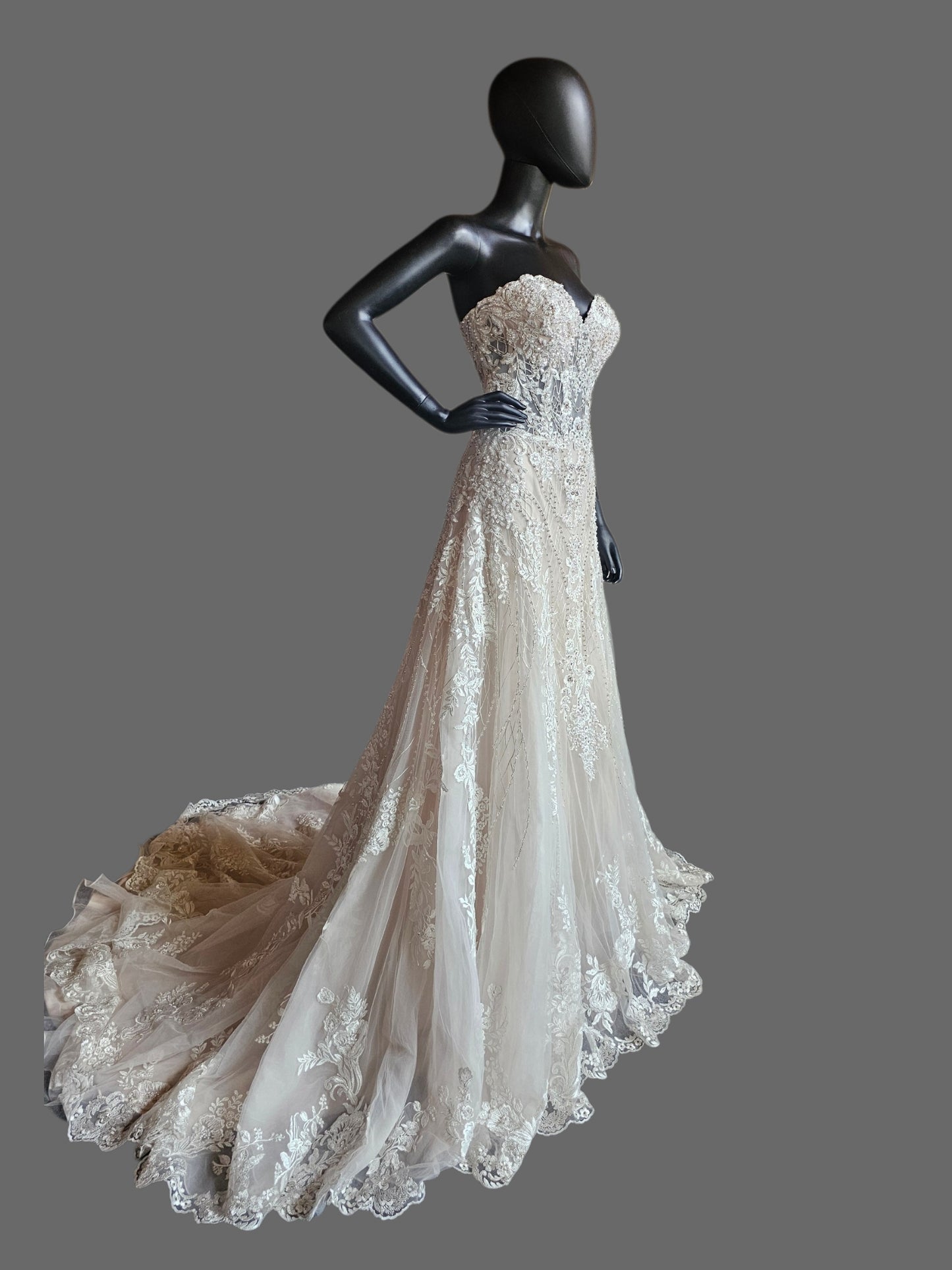 Nude/ White Full Scale Floral Beading Strapless Sweetheart Illusion Bodice Beaded Fit/Flare Wedding Gown - Beloved