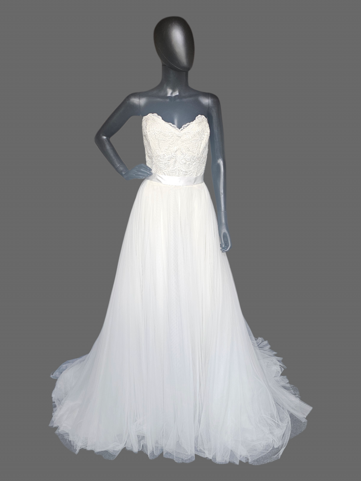 Ivory Wedding Ball Gown Net Gathered Waist Tulle Skirt Floral Sequin Lace Detail Sweetheart Strapless- Da Vinci