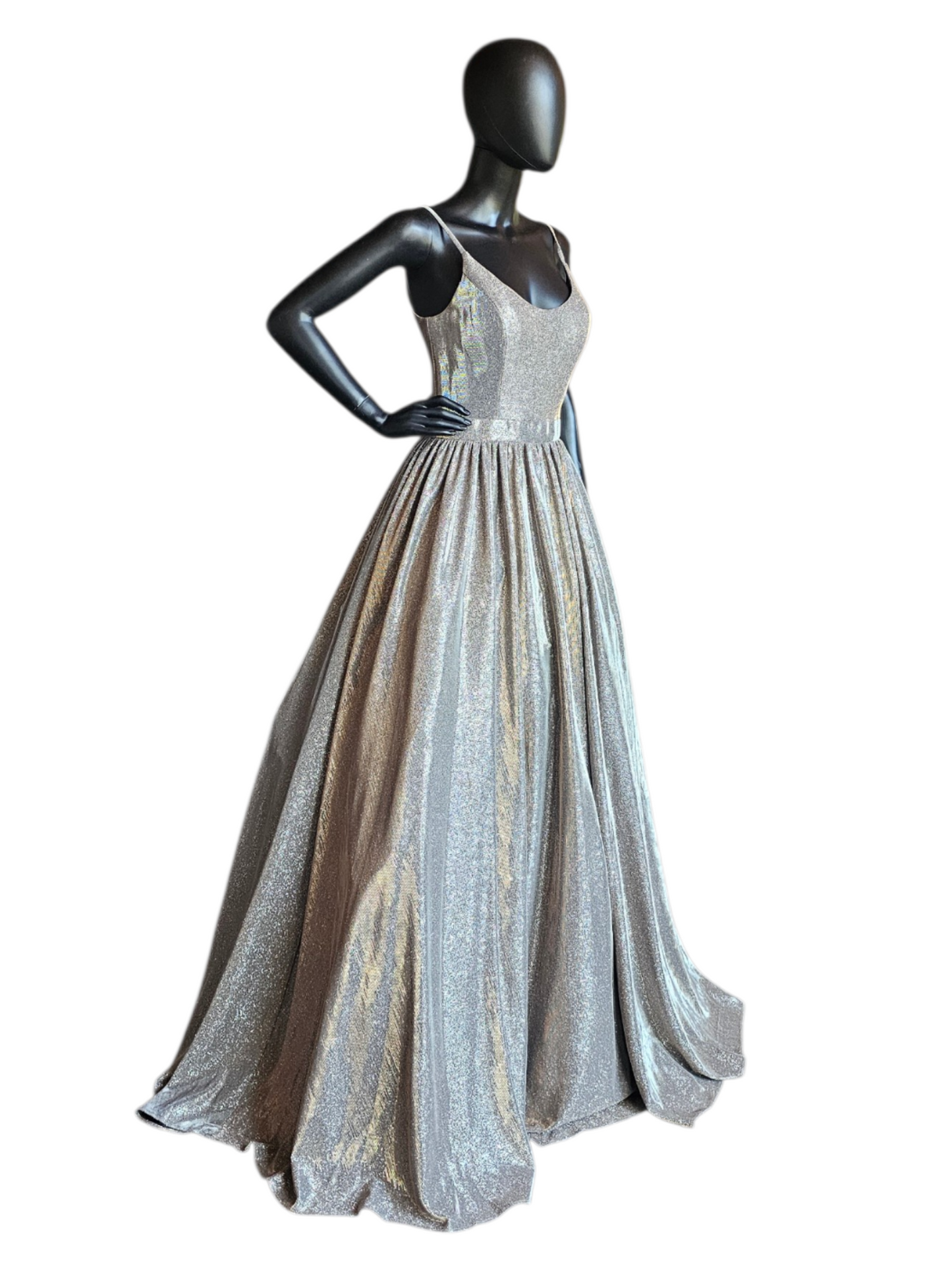 Silver Sparkle Open Back With Sew Up Detail Gathered A-Line Scoop Neck Formal/Prom Dress- Jovani