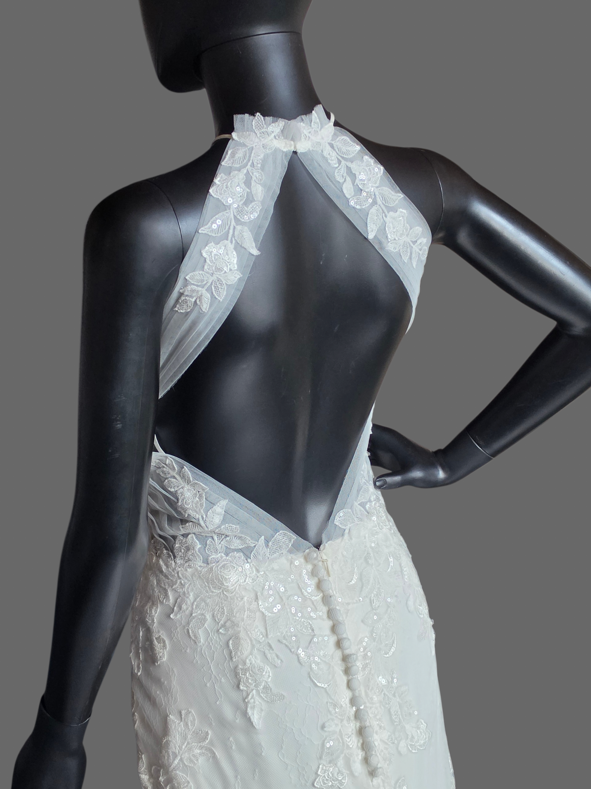 Lace Halter Fit/Flare Open Back Wedding Gown - Lillian West