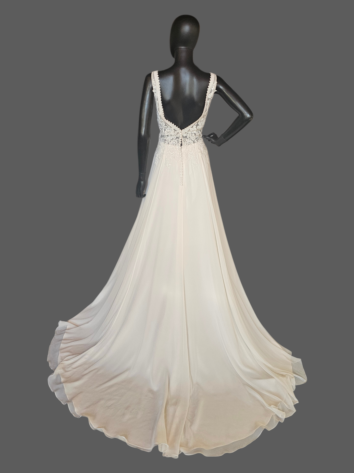 Ivory V-Neck Beaded Plunge Chiffon Skirt A-Line Wedding Gown - Beloved Private Label