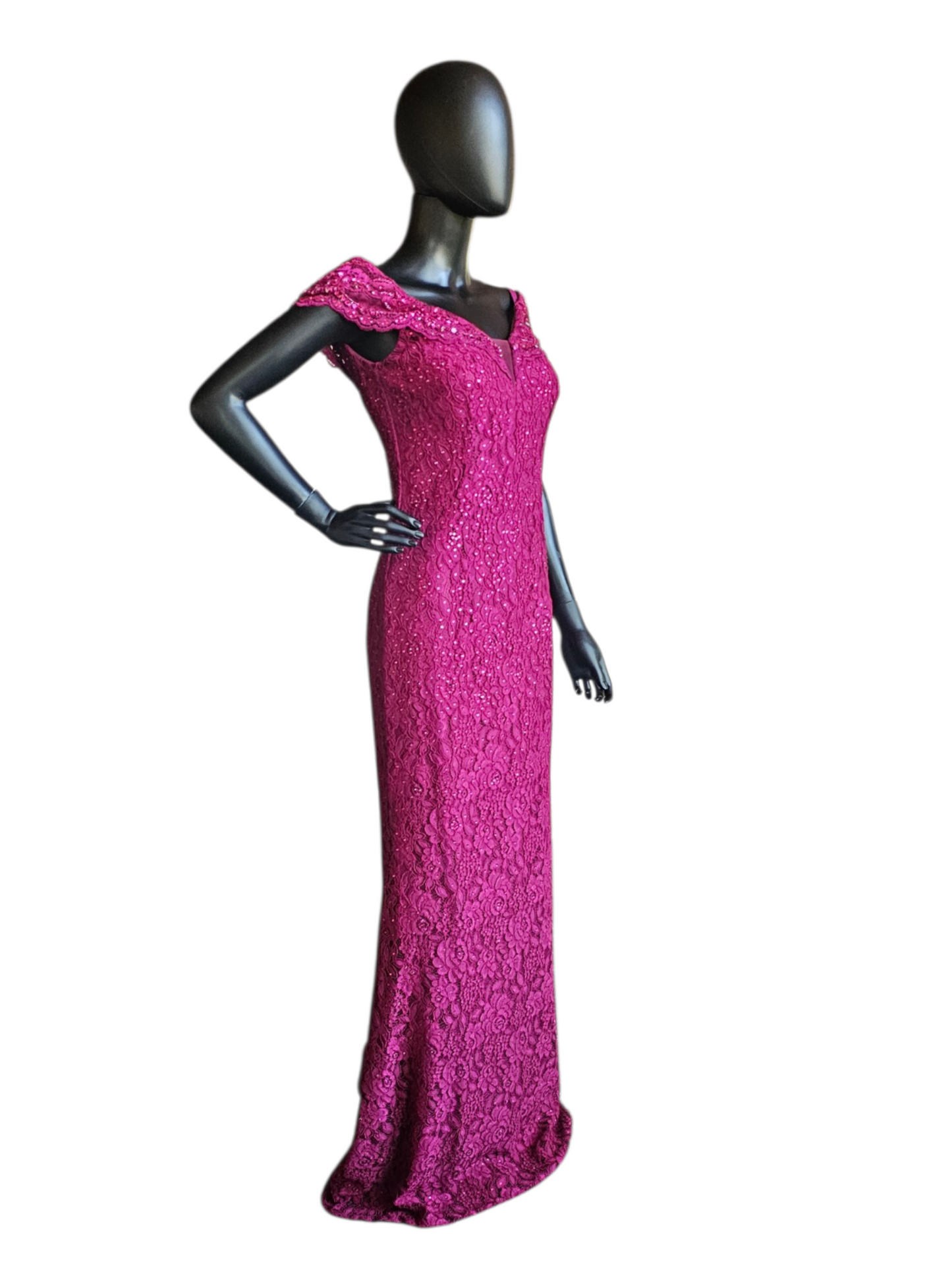 Magenta Rhinestone Lace Cap Sleeve Fit/Flare Portrait Formal/Moms Dress - Jovani