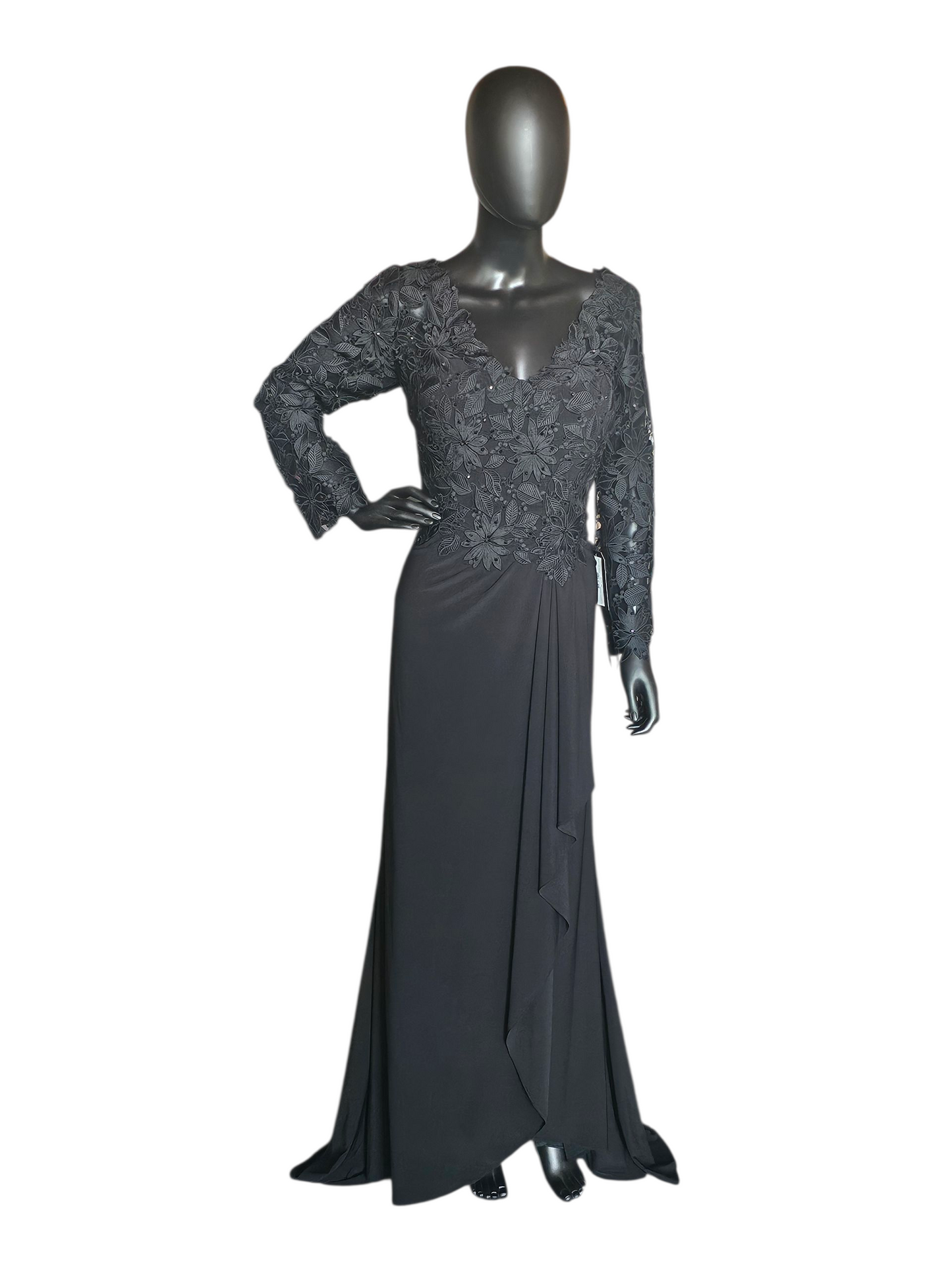 Black Open Weave Lace Long Sleeve V-Neck Formal Dress - Madeline Gardner