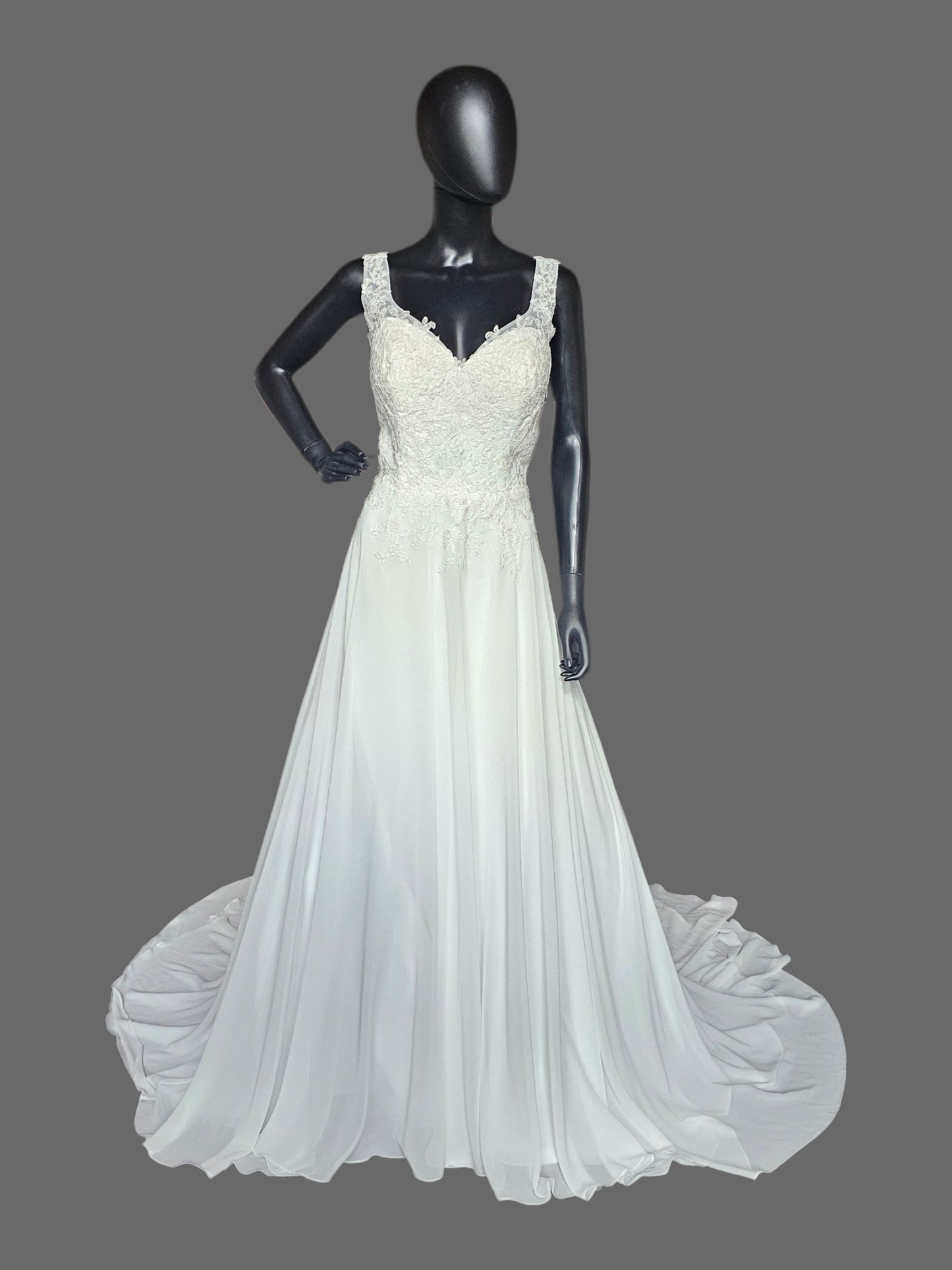 White Chiffon A-Line Lace V-Neck  Applica Illusion Back Wedding Gown - Davinci