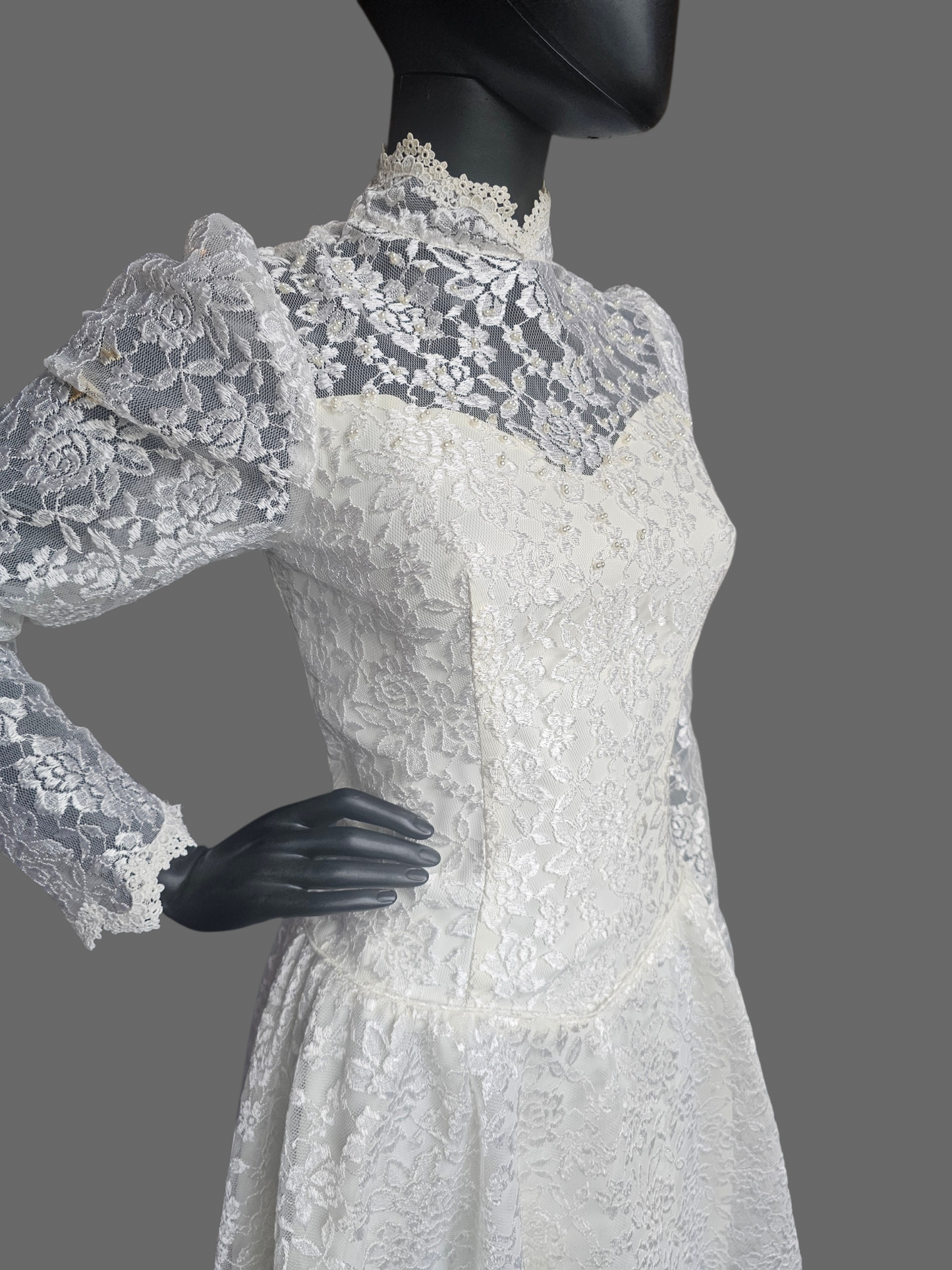 Vintage Long Sleeve Lace Tea Length Wedding Gown