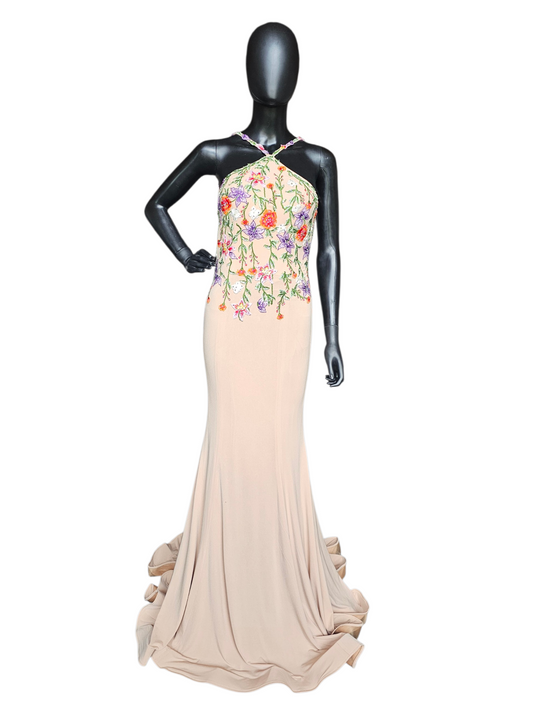 Nude/Multi Floral Halter Stretch Jersey Fit/Flare Formal Dress NWT - Jovani
