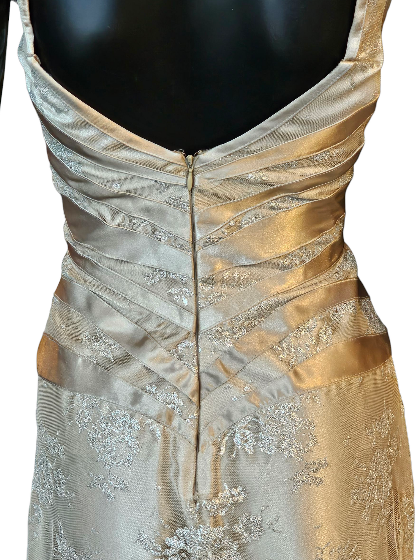 Gold Satin/Silver Lace V-Neck Tiered Fit/Flare Formal Gown - JS Collections