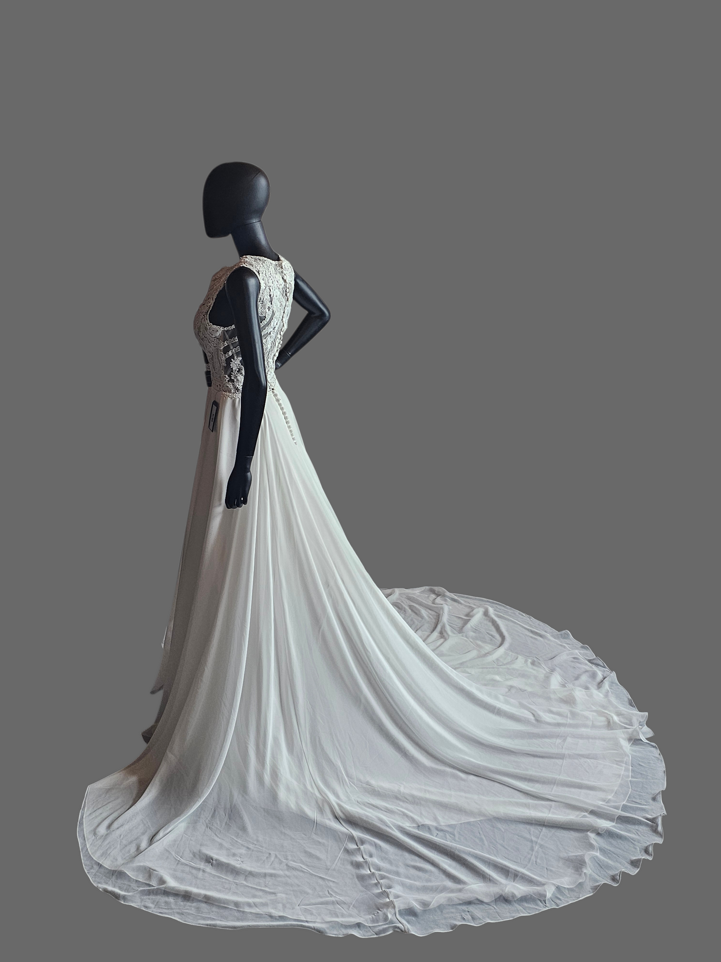 Ivory/Nude High Neck Lace Chiffon Skirt Wedding Gown - Justin Alexander