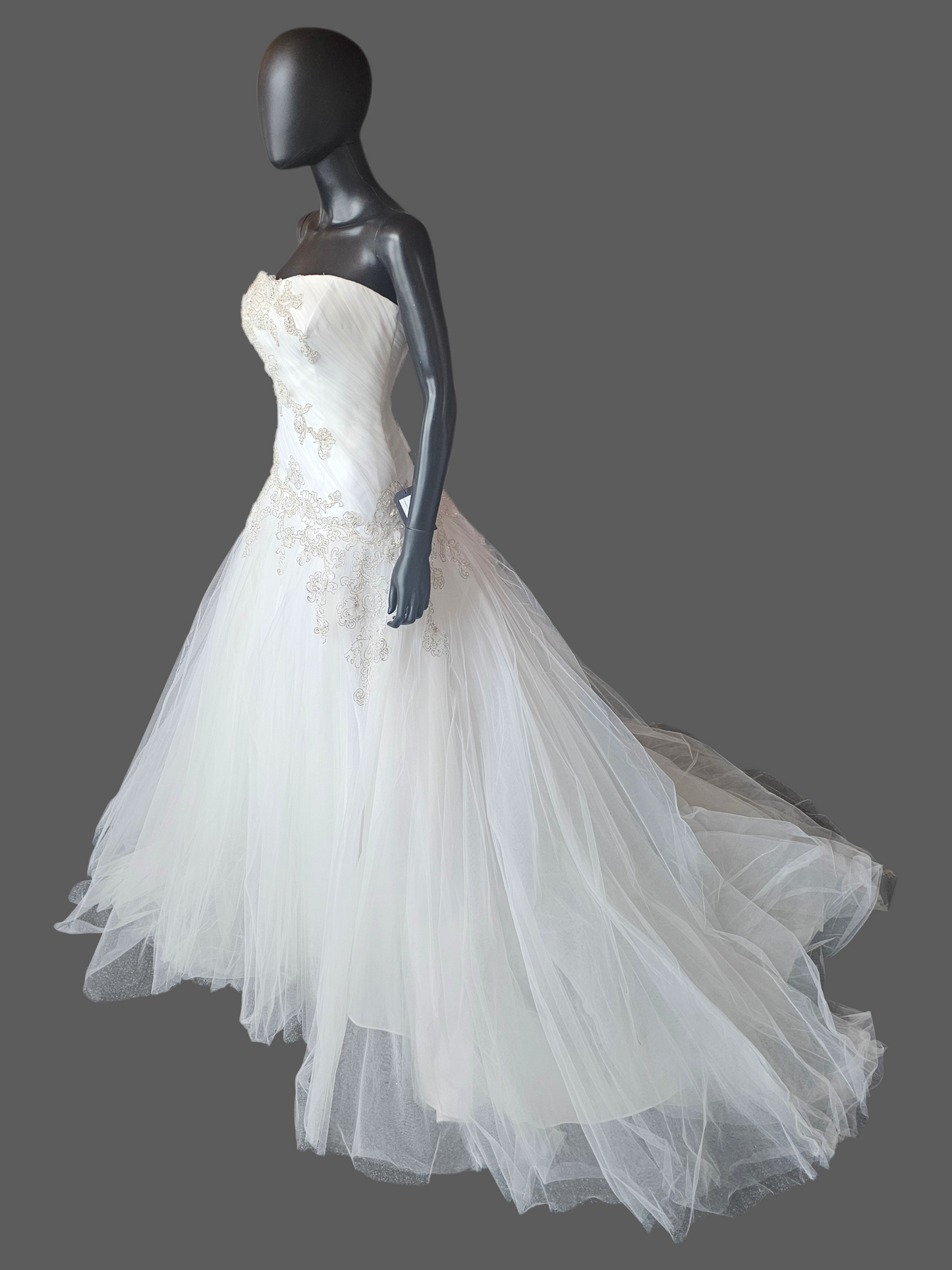 White Tulle Asymmetrical Drop Waist Silver/Gold Embroidered Strapless Wedding Gown - Casablanca